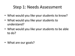 Step 1: Needs AssessmentWhat would you like your students to know?What would you like your students to understand? What would you like your students to be able to do?What are our goals?