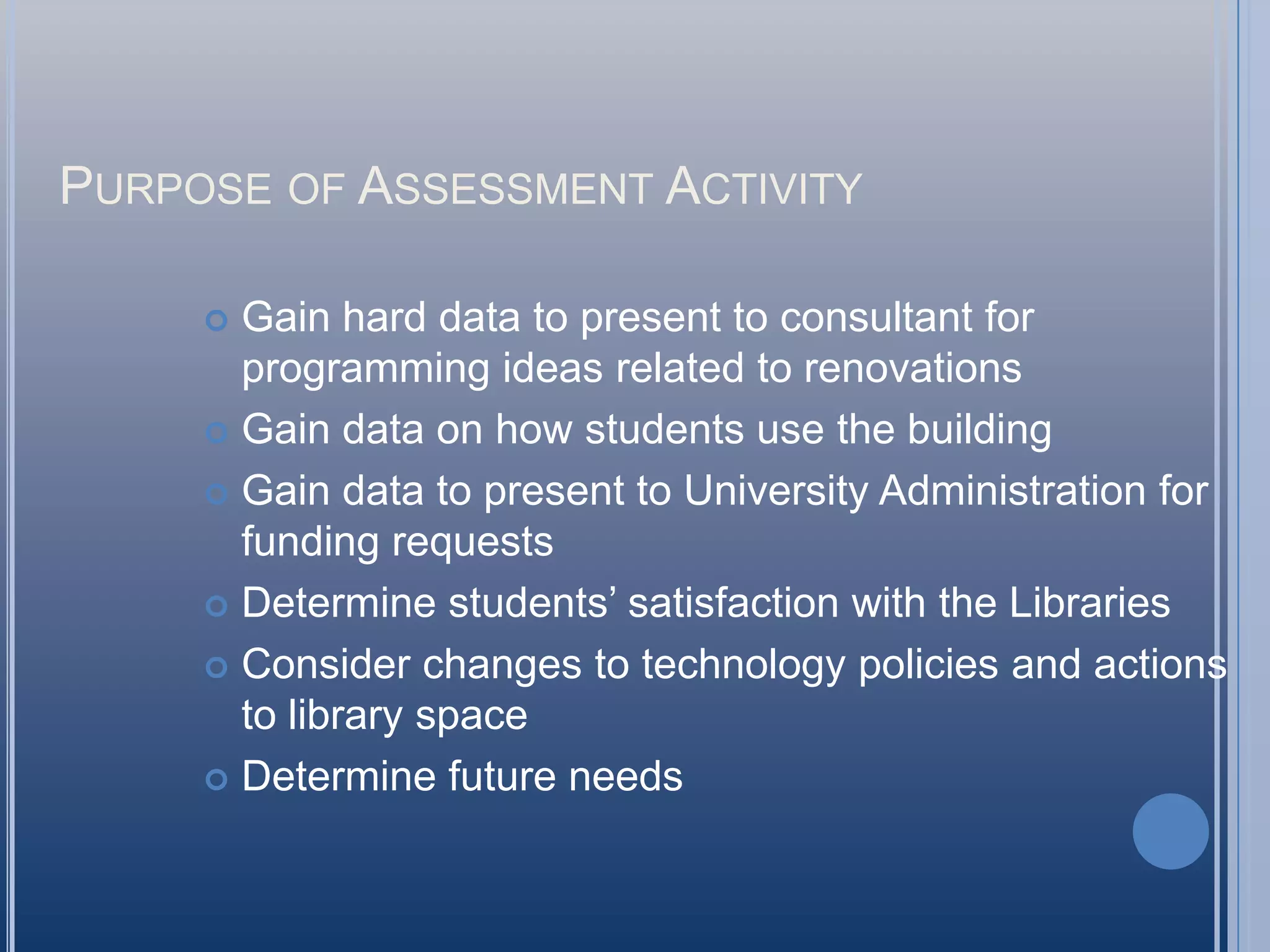 Purpose of Assessment ActivityGain hard data to present to consultant for programming ideas related to renovationsGain data on how students use the buildingGain data to present to University Administration for funding requestsDetermine students’ satisfaction with the LibrariesConsider changes to technology policies and actions to library spaceDetermine future needs