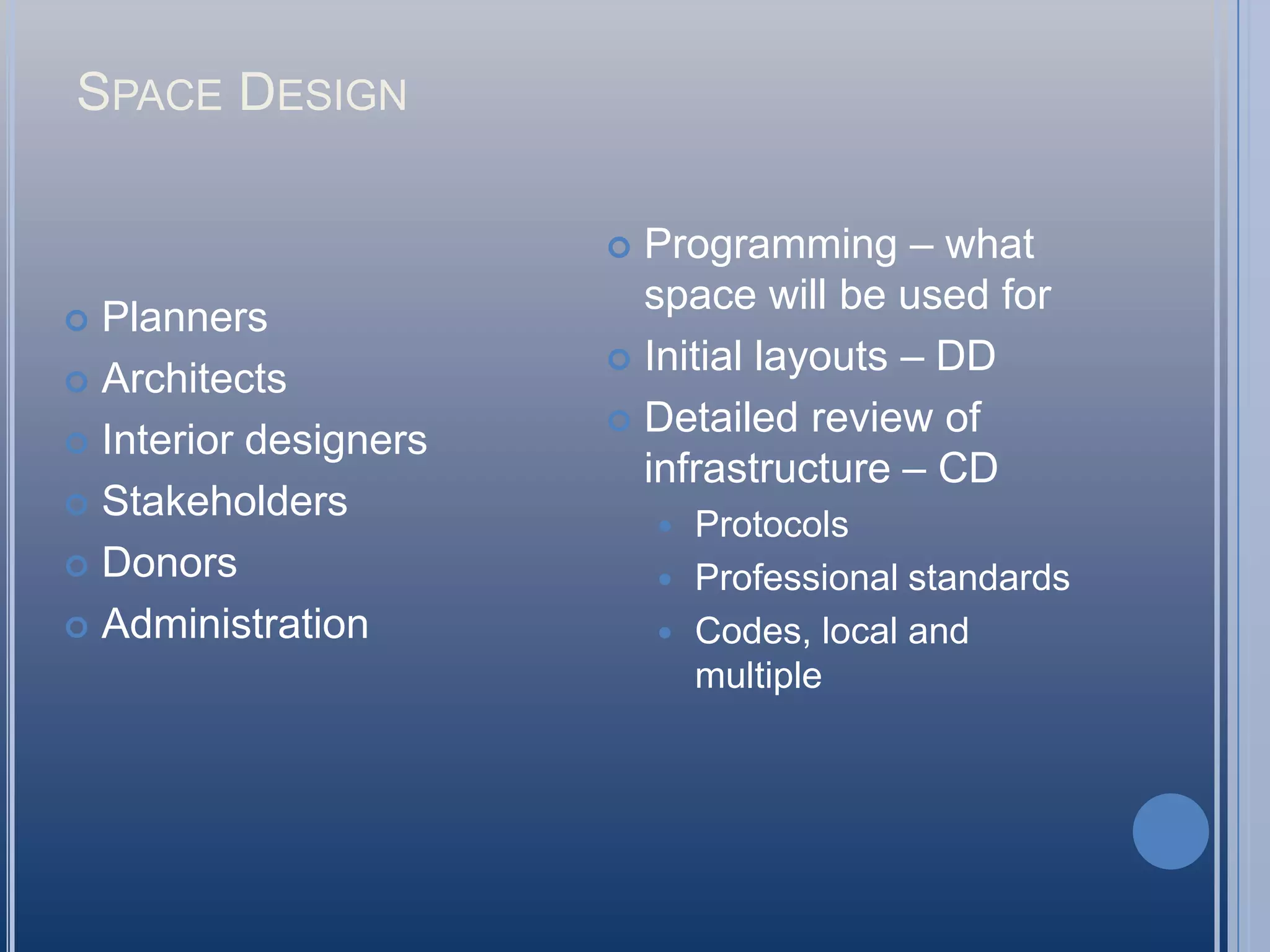 Purposeful Assessment of SpaceSpace as a factor to organization’s missionGathering Services providedPartner in learningThings to considerConsideration of assessment’s purposeTypes of questions to be usedData-gathering methodologiesReporting strategies for results