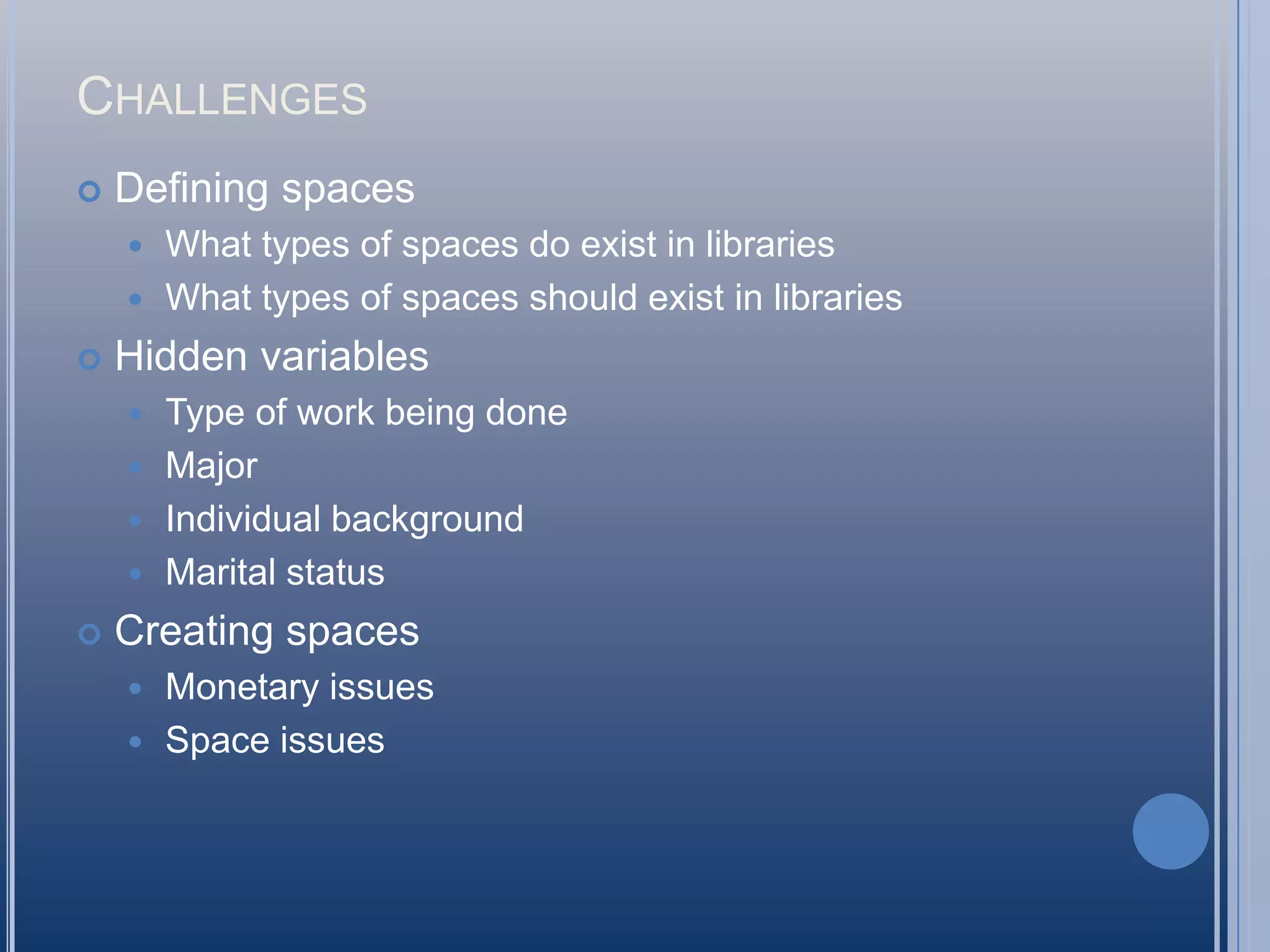 ChallengesDefining spacesWhat types of spaces do exist in librariesWhat types of spaces should exist in librariesHidden variablesType of work being doneMajorIndividual backgroundMarital statusCreating spacesMonetary issuesSpace issues