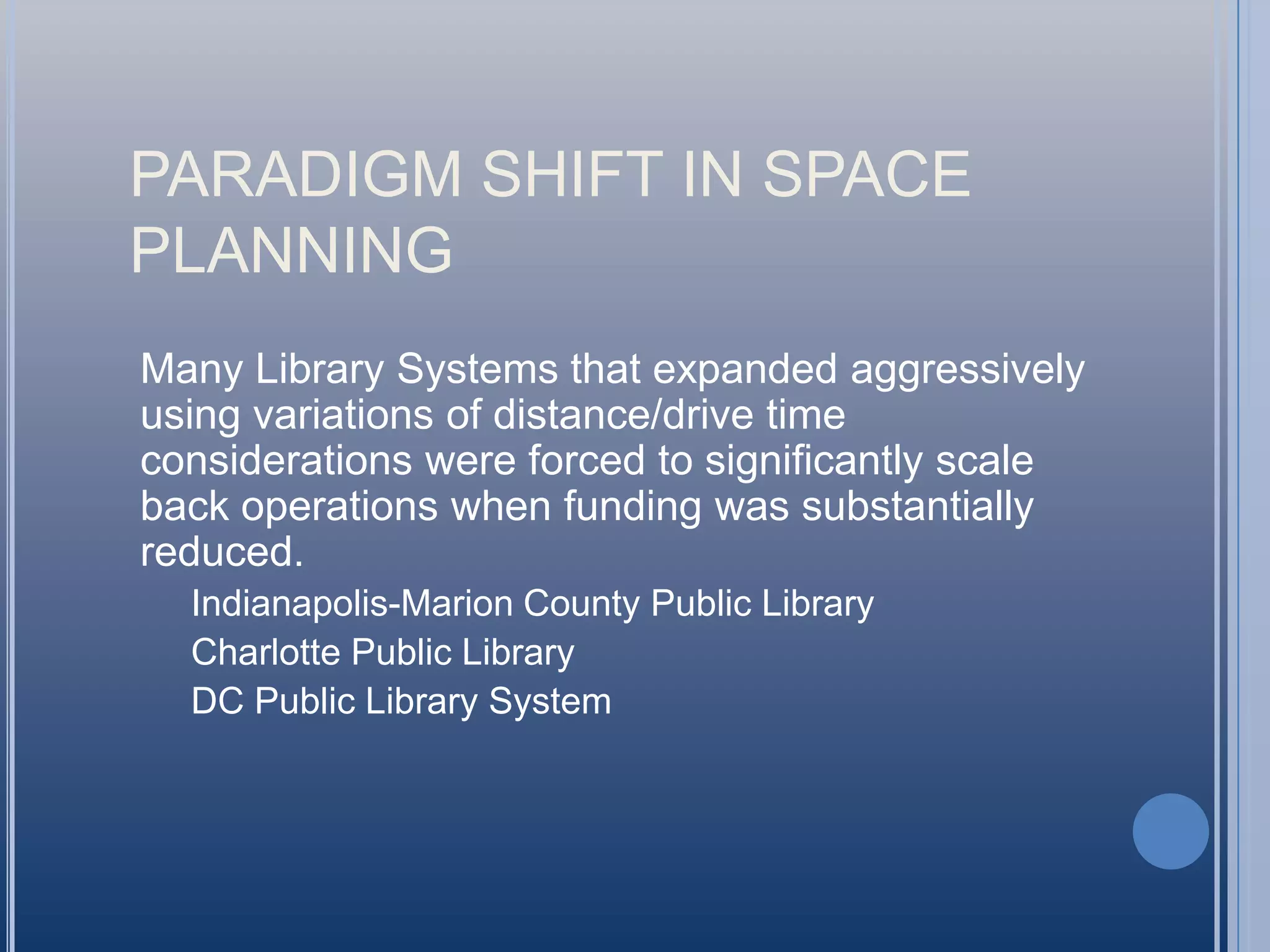 Student FeedbackLibrary is an important place to studyBoth group space and quiet space importantMost students use their own materialsDon’t want to carry their laptops aroundA variety of furniture and spaces are neededNot getting instruction at freshman levelOnline resources particularly important to grad student