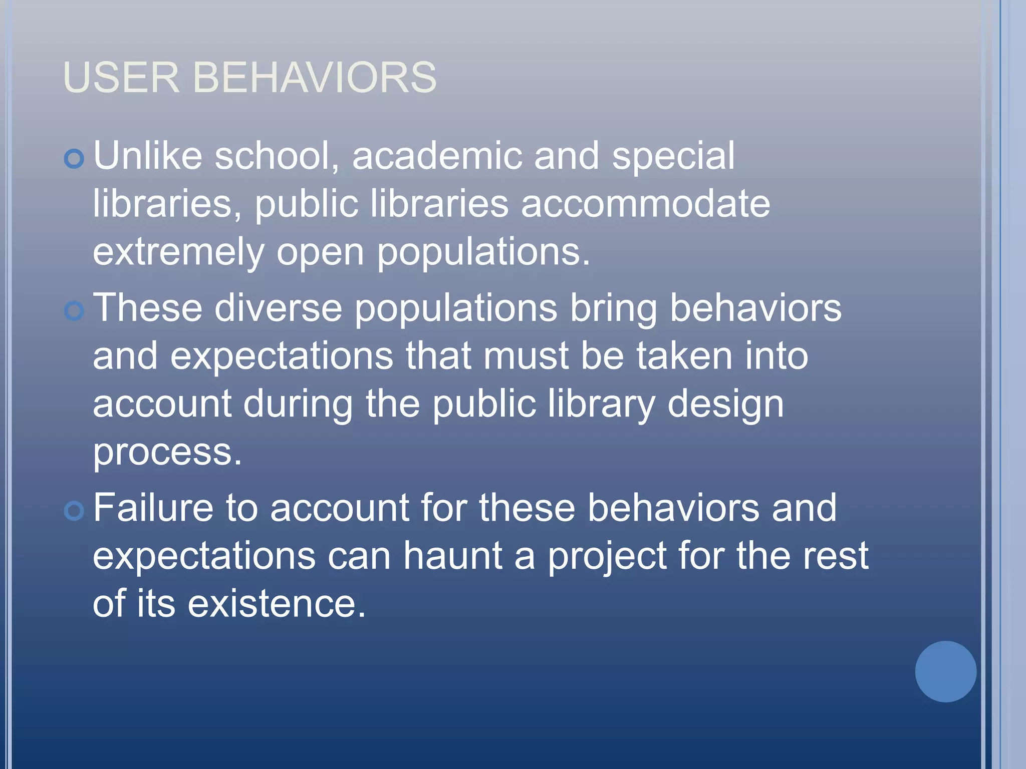 Effect on Space PlanningFeedback and ideas carried into second concept drawing and final reportEvidence of library more important for space rather than materialsComforts and conveniences important for ownership of spaceLibrary can be host to other service points with expectations of complianceLibrary is important to total educational experience and should be presented as such