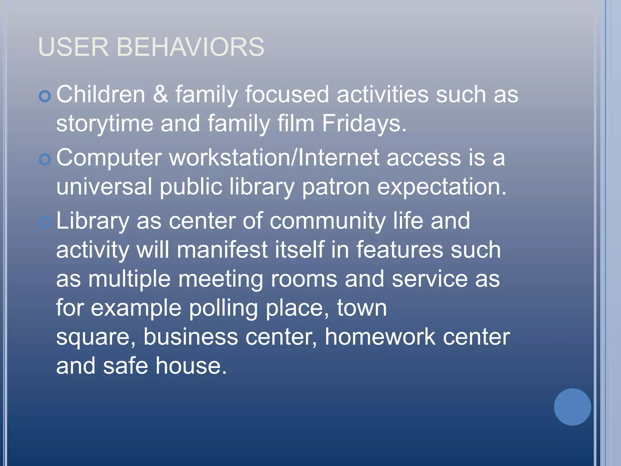 Immediate Actions TakenExpand collaboratories conceptIncrease popular furniture optionsWill offer laptop checkout in Fall 2008Offering carrels to all studentsAdding vending optionsExpanding 24/5 available spaceWill target marketing of IM, collaboratories and other servicesImplement NewsRoom in the FallAdd Messaging Board for traffic