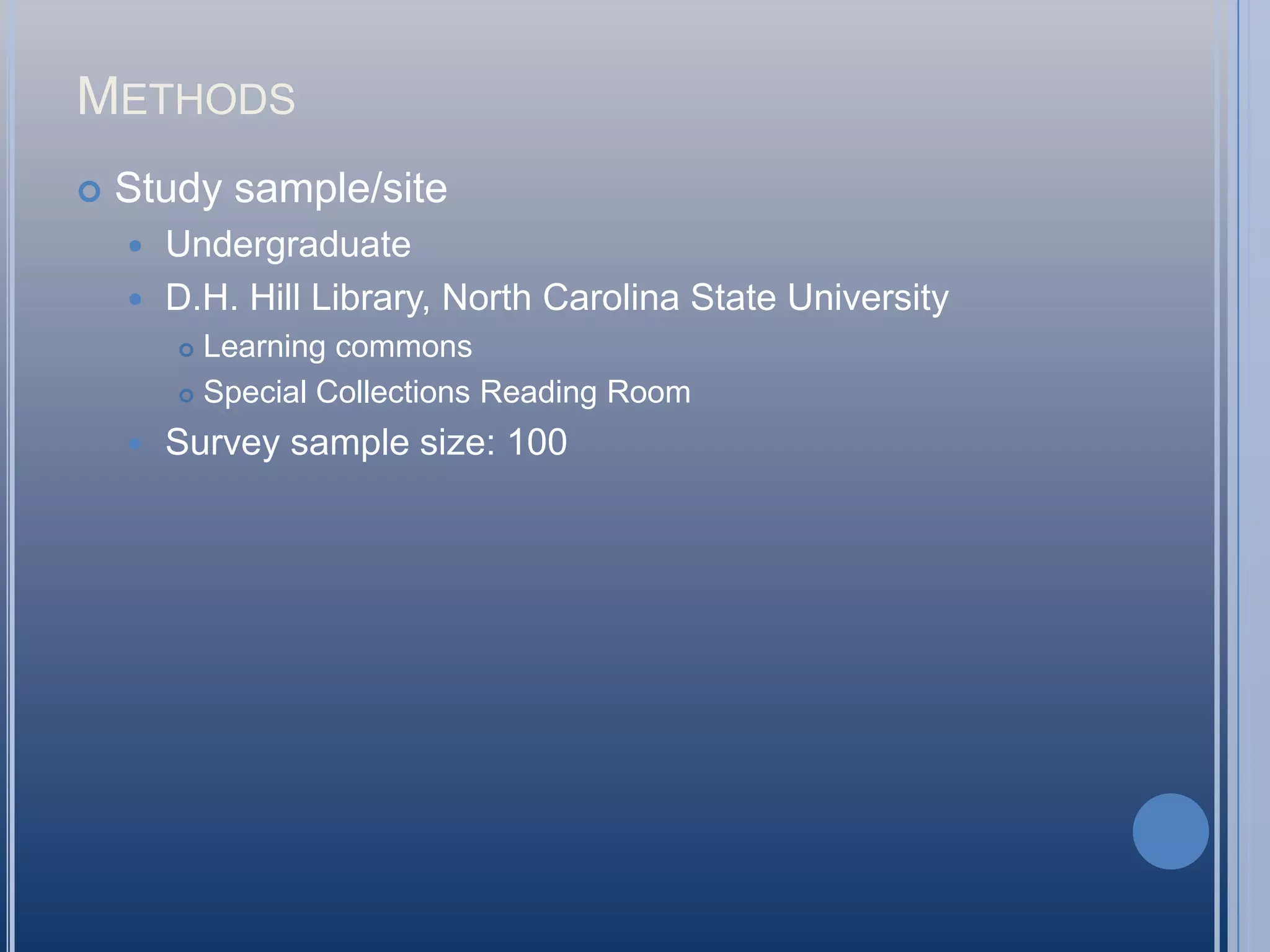 MethodsStudy sample/siteUndergraduateD.H. Hill Library, North Carolina State UniversityLearning commonsSpecial Collections Reading RoomSurvey sample size: 100