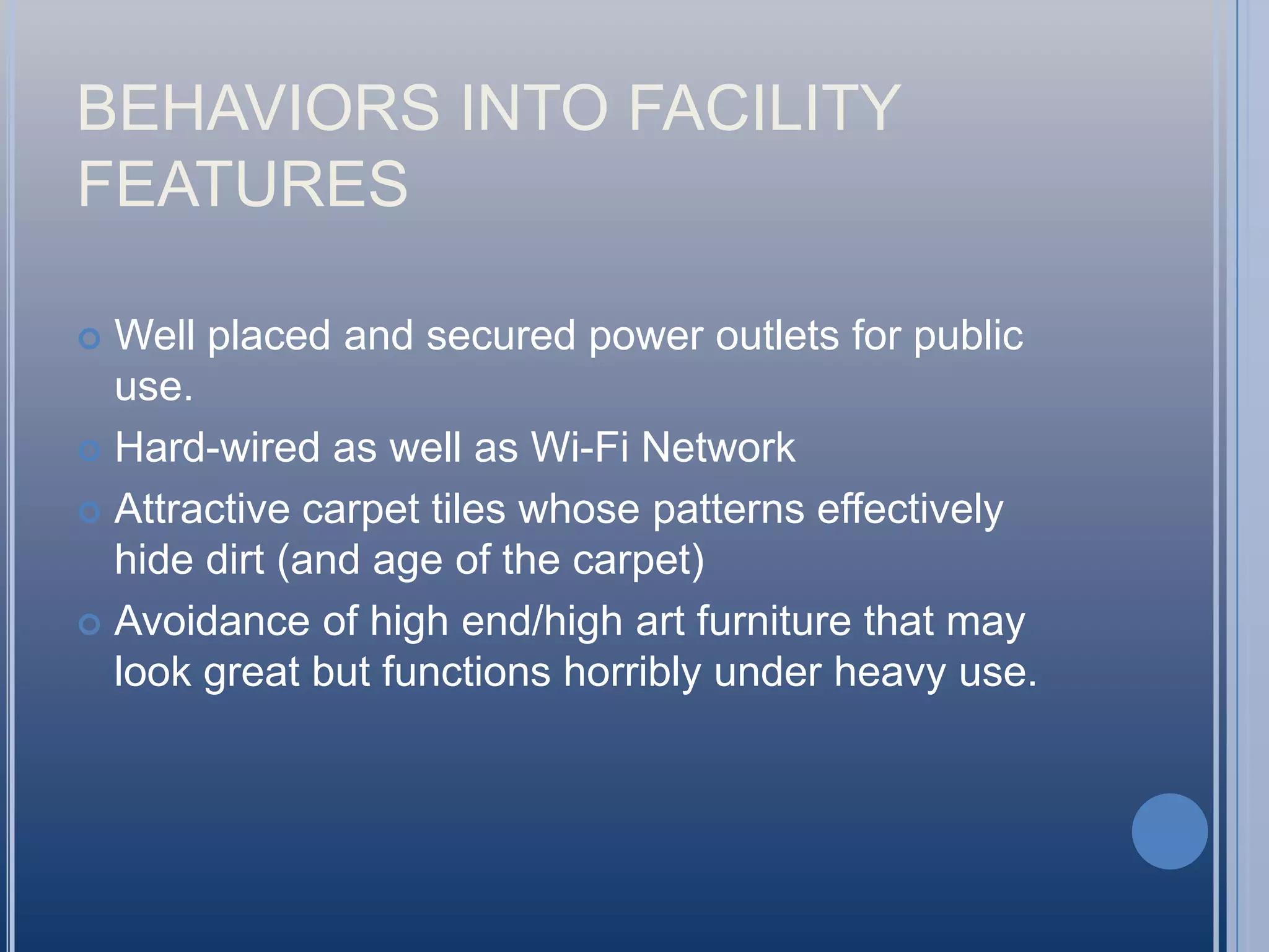 PARADIGM SHIFT IN SPACE PLANNINGOld methods of calculating space or square footage are mostly no longer applicable.Ideals such as “one branch every five miles or every fifteen minutes” may now be unsustainable.Old measurements of the library’s information “fire power” have also gone by the wayside.