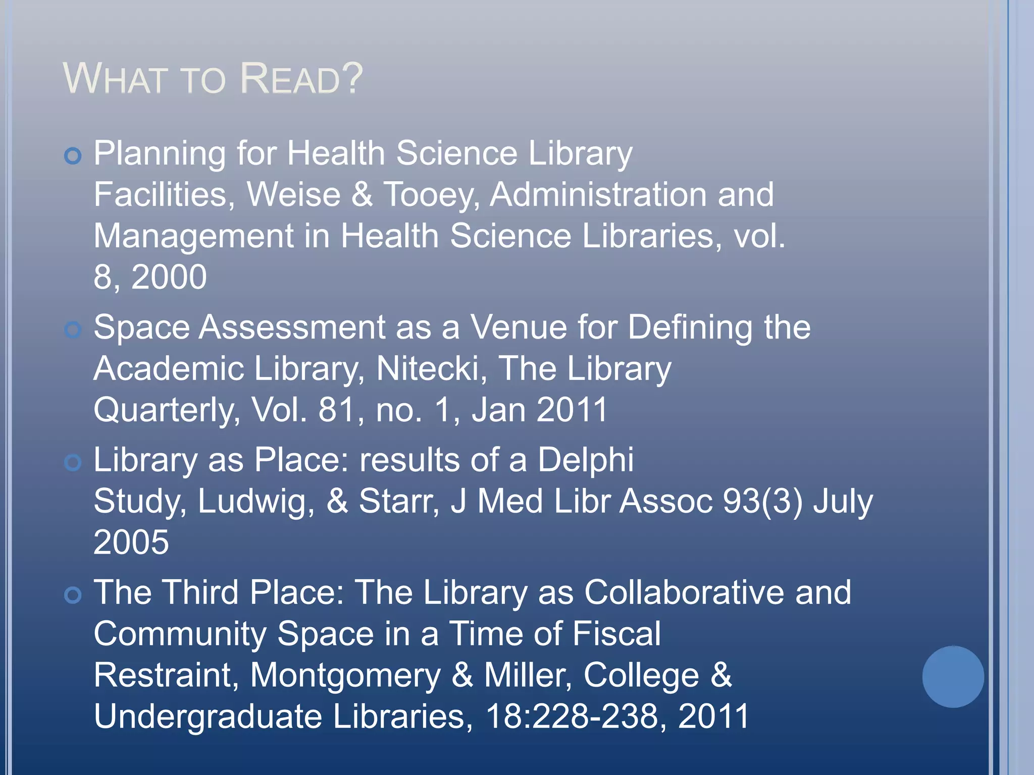 USER BEHAVIORSUnlike school, academic and special libraries, public libraries accommodate extremely open populations.These diverse populations bring behaviors and expectations that must be taken into account during the public library design process.Failure to account for these behaviors and expectations can haunt a project for the rest of its existence.