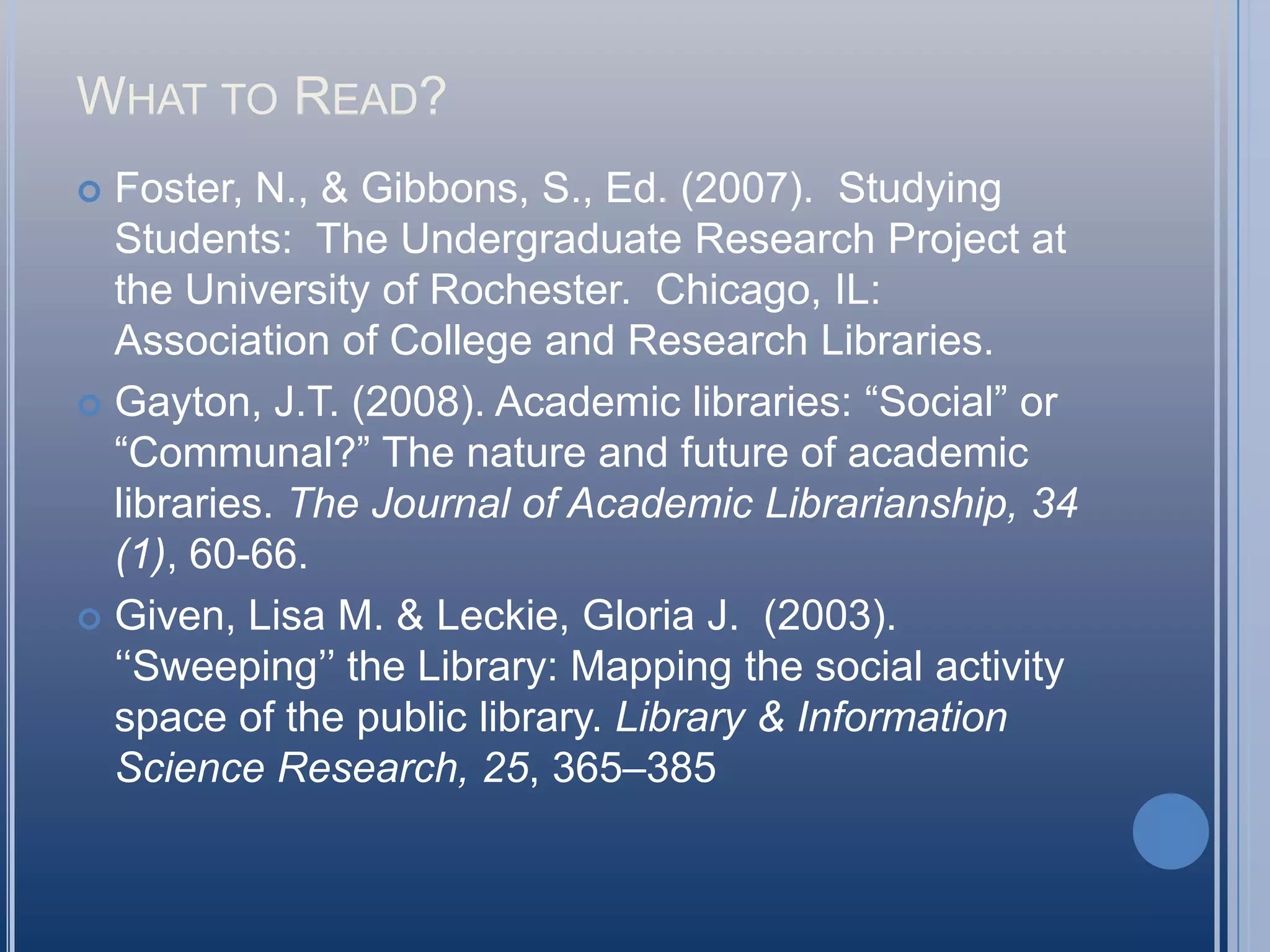 USER BEHAVIORSChildren & family focused activities such as storytime and family film Fridays.Computer workstation/Internet access is a universal public library patron expectation.Library as center of community life and activity will manifest itself in features such as multiple meeting rooms and service as for example polling place, town square, business center, homework center and safe house.  