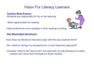 Vision For Literacy Learners
Teacher Must Ensure:
-Students are responsible for his or her learning
- More opportunities for reading
- Help students be more strategic in their reading or writing.
Ask Meaningful Questions:
-How does my literature instruction align with the way students think?
-Do I need to change my perspective to a more balanced approach?
- Consider ‘what to do? how to do? and what will I do with literature to create
readers who move from emergent to fluent readers.
 