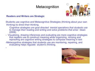Metacognition
Readers and Writers are Strategic
Students use cognitive and Metacognitive Strategies (thinking about your own
thinking) to direct their thinking.
‘Cognitive strategies are goal directed mental operations that students use
to manage their reading and writing and solve problems that arise’. Dean
(2006)
- Visualizing, drawing inferences and evaluating are more cognitive strategies
that readers use to construct meaning while organizing, revising and
reproofing are cognitive writing strategies to compose meaning in text
-Metacognitive strategies that students use are monitoring, repairing, and
evaluating helps regulate student’s thinking.
-
 
