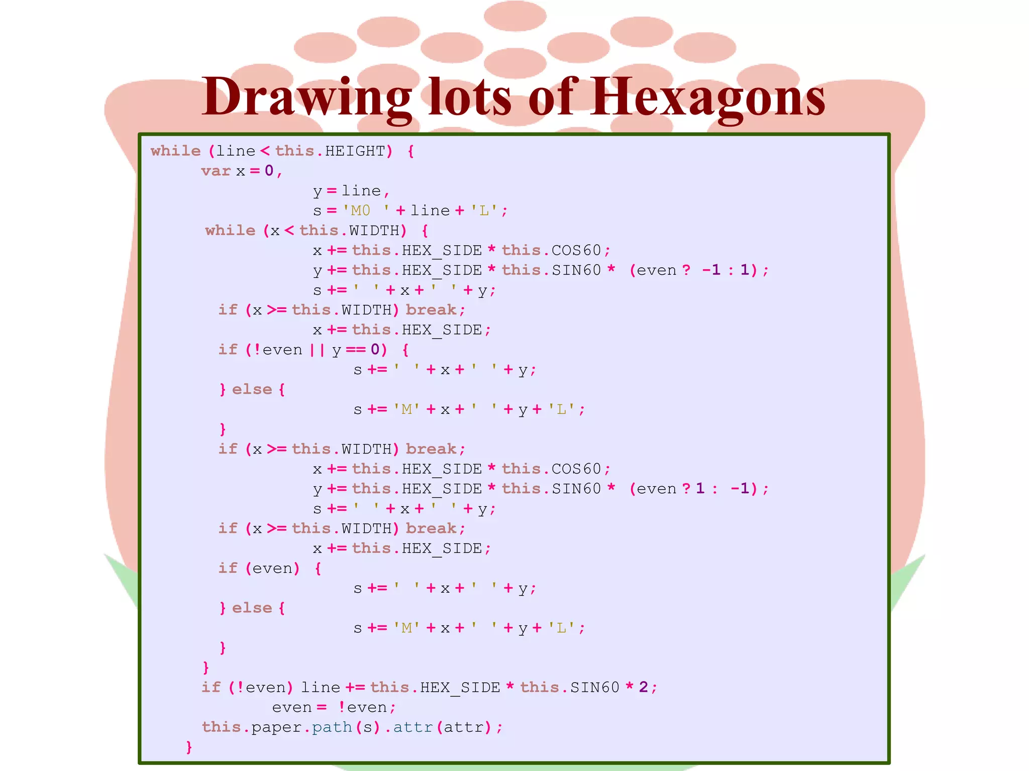 Drawing lots of Hexagons
while (line < this.HEIGHT) {
var x = 0,
y = line,
s = 'M0 ' + line + 'L';
while (x < this.WIDTH) {
x += this.HEX_SIDE * this.COS60;
y += this.HEX_SIDE * this.SIN60 * (even ? -1 : 1);
s += ' ' + x + ' ' + y;
if (x >= this.WIDTH) break;
x += this.HEX_SIDE;
if (!even || y == 0) {
s += ' ' + x + ' ' + y;
} else {
s += 'M' + x + ' ' + y + 'L';
}
if (x >= this.WIDTH) break;
x += this.HEX_SIDE * this.COS60;
y += this.HEX_SIDE * this.SIN60 * (even ? 1 : -1);
s += ' ' + x + ' ' + y;
if (x >= this.WIDTH) break;
x += this.HEX_SIDE;
if (even) {
s += ' ' + x + ' ' + y;
} else {
s += 'M' + x + ' ' + y + 'L';
}
}
if (!even) line += this.HEX_SIDE * this.SIN60 * 2;
even = !even;
this.paper.path(s).attr(attr);
}

 