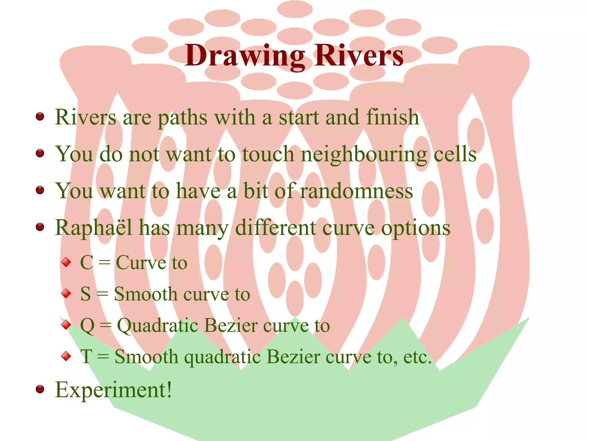 Drawing Rivers
Rivers are paths with a start and finish
You do not want to touch neighbouring cells
You want to have a bit of randomness
Raphaël has many different curve options
C = Curve to
S = Smooth curve to
Q = Quadratic Bezier curve to
T = Smooth quadratic Bezier curve to, etc.

Experiment!

 