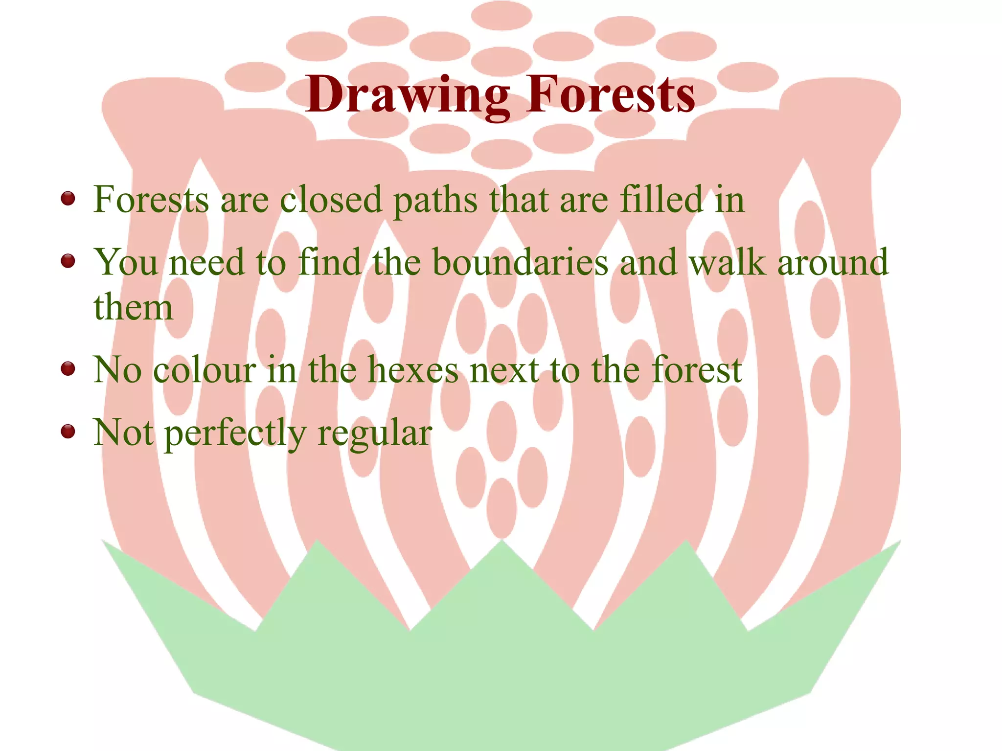 Drawing Forests
Forests are closed paths that are filled in
You need to find the boundaries and walk around
them
No colour in the hexes next to the forest
Not perfectly regular

 