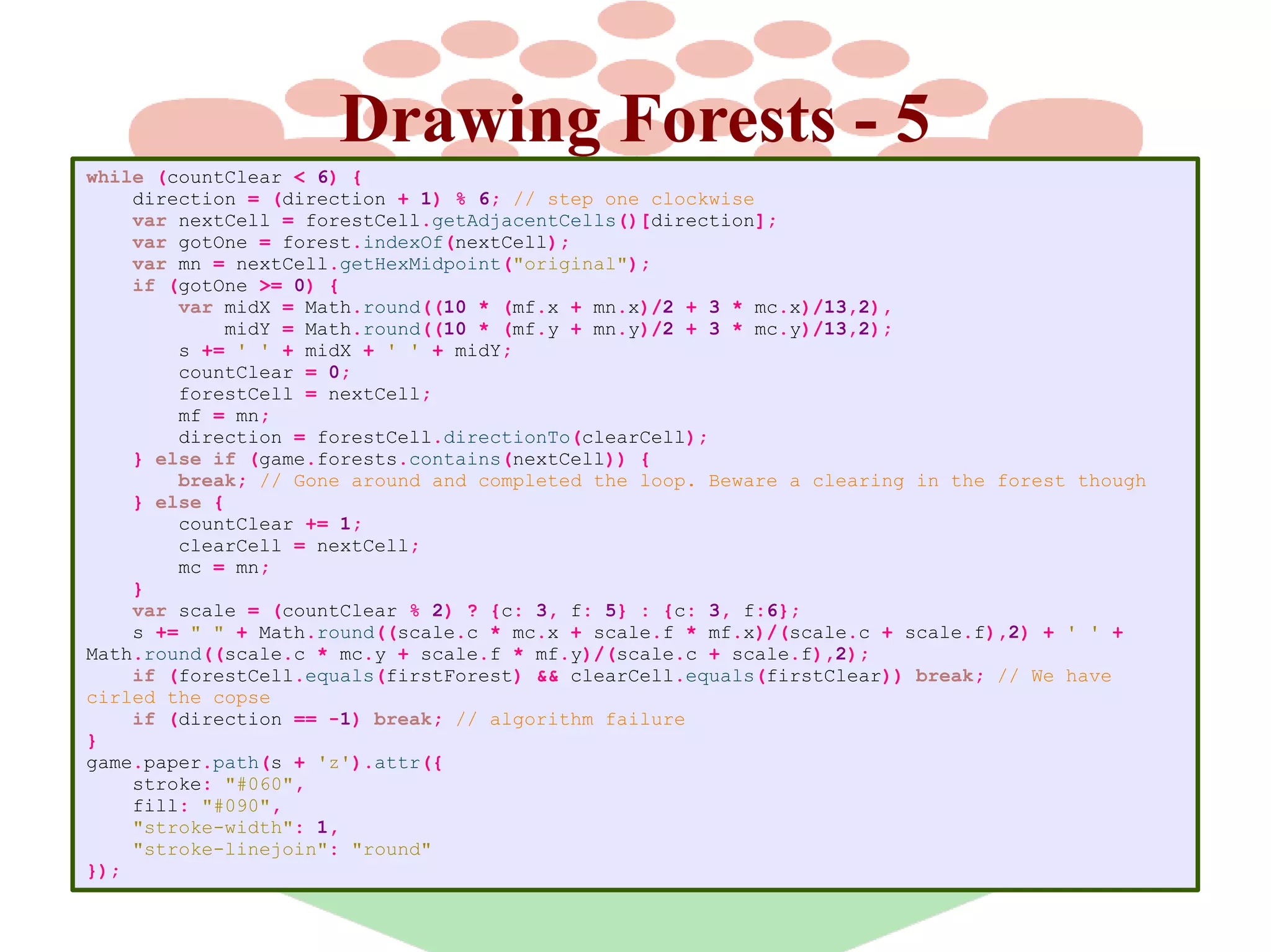 Drawing Forests - 5
while (countClear < 6) {
direction = (direction + 1) % 6; // step one clockwise
var nextCell = forestCell.getAdjacentCells()[direction];
var gotOne = forest.indexOf(nextCell);
var mn = nextCell.getHexMidpoint("original");
if (gotOne >= 0) {
var midX = Math.round((10 * (mf.x + mn.x)/2 + 3 * mc.x)/13,2),
midY = Math.round((10 * (mf.y + mn.y)/2 + 3 * mc.y)/13,2);
s += ' ' + midX + ' ' + midY;
countClear = 0;
forestCell = nextCell;
mf = mn;
direction = forestCell.directionTo(clearCell);
} else if (game.forests.contains(nextCell)) {
break; // Gone around and completed the loop. Beware a clearing in the forest though
} else {
countClear += 1;
clearCell = nextCell;
mc = mn;
}
var scale = (countClear % 2) ? {c: 3, f: 5} : {c: 3, f:6};
s += " " + Math.round((scale.c * mc.x + scale.f * mf.x)/(scale.c + scale.f),2) + ' ' +
Math.round((scale.c * mc.y + scale.f * mf.y)/(scale.c + scale.f),2);
if (forestCell.equals(firstForest) && clearCell.equals(firstClear)) break; // We have
cirled the copse
if (direction == -1) break; // algorithm failure
}
game.paper.path(s + 'z').attr({
stroke: "#060",
fill: "#090",
"stroke-width": 1,
"stroke-linejoin": "round"
});

 