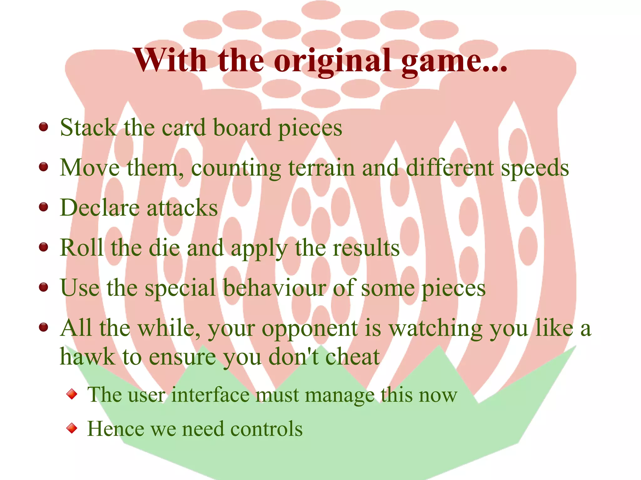 With the original game...
Stack the card board pieces
Move them, counting terrain and different speeds
Declare attacks
Roll the die and apply the results
Use the special behaviour of some pieces
All the while, your opponent is watching you like a
hawk to ensure you don't cheat
The user interface must manage this now
Hence we need controls

 
