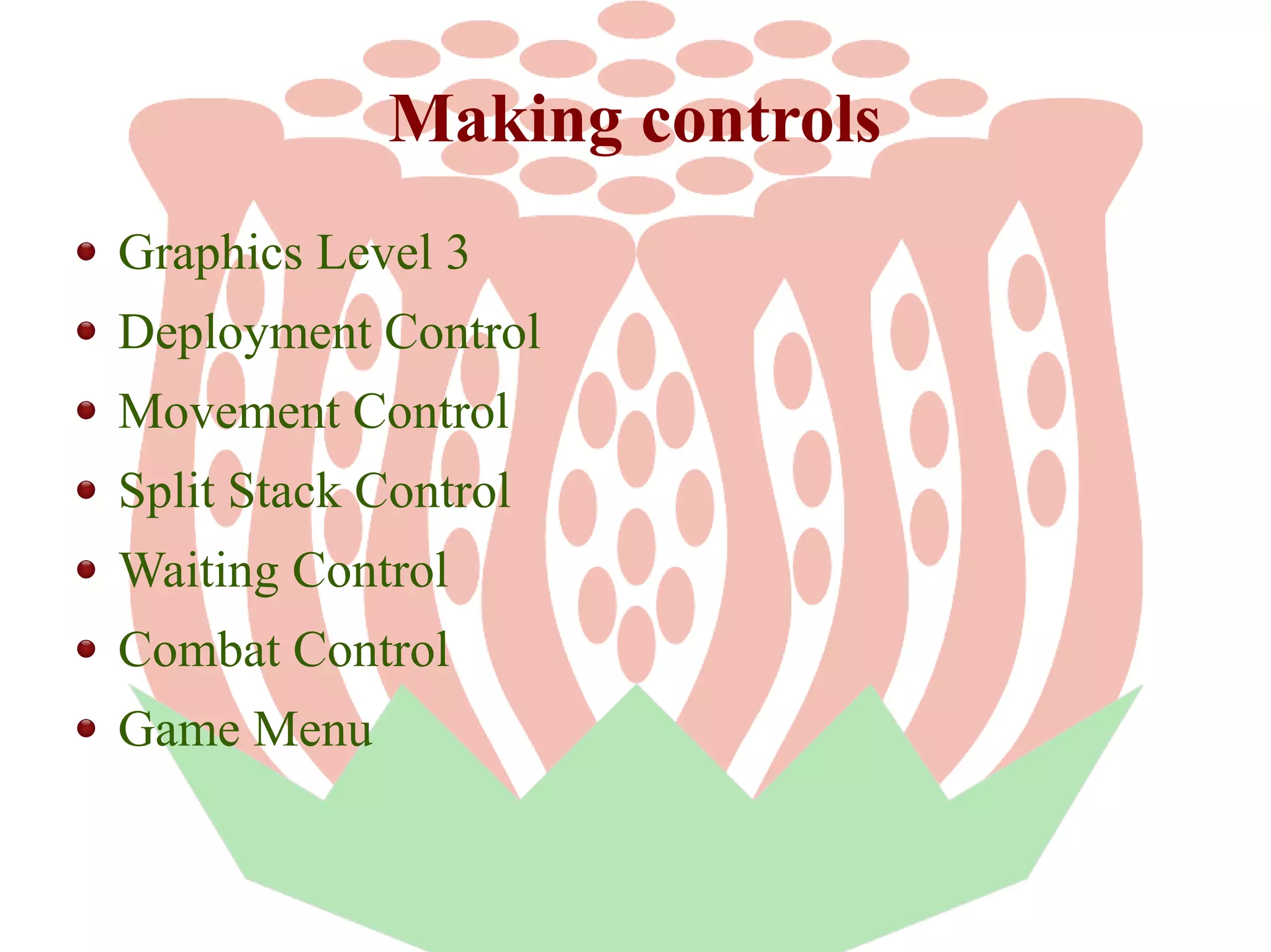 Making controls
Graphics Level 3
Deployment Control
Movement Control
Split Stack Control
Waiting Control
Combat Control
Game Menu

 