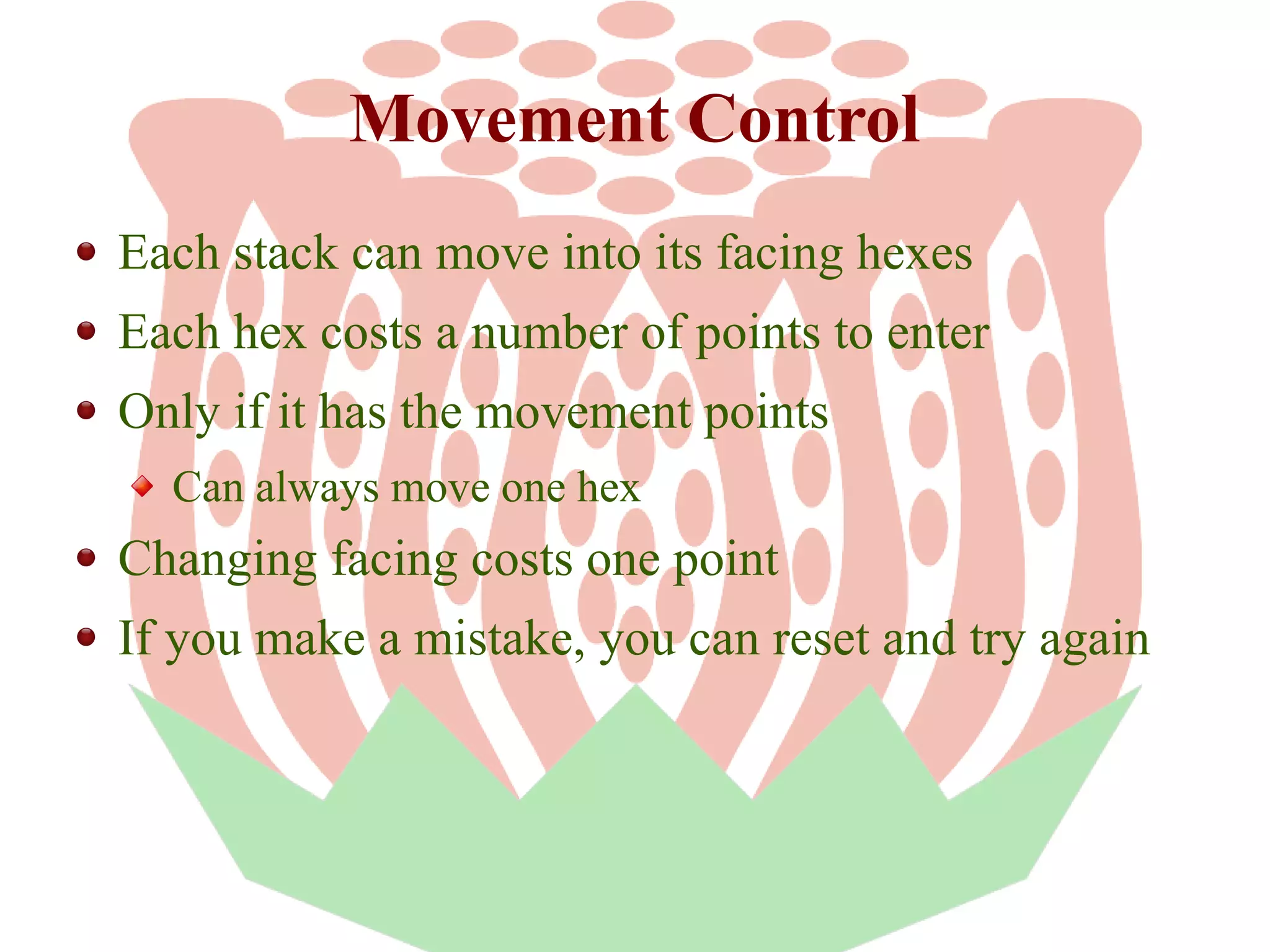 Movement Control
Each stack can move into its facing hexes
Each hex costs a number of points to enter
Only if it has the movement points
Can always move one hex

Changing facing costs one point
If you make a mistake, you can reset and try again

 
