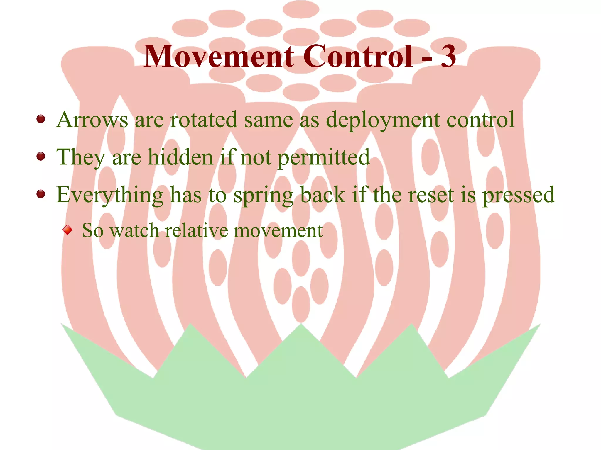 Movement Control - 3
Arrows are rotated same as deployment control
They are hidden if not permitted
Everything has to spring back if the reset is pressed
So watch relative movement

 