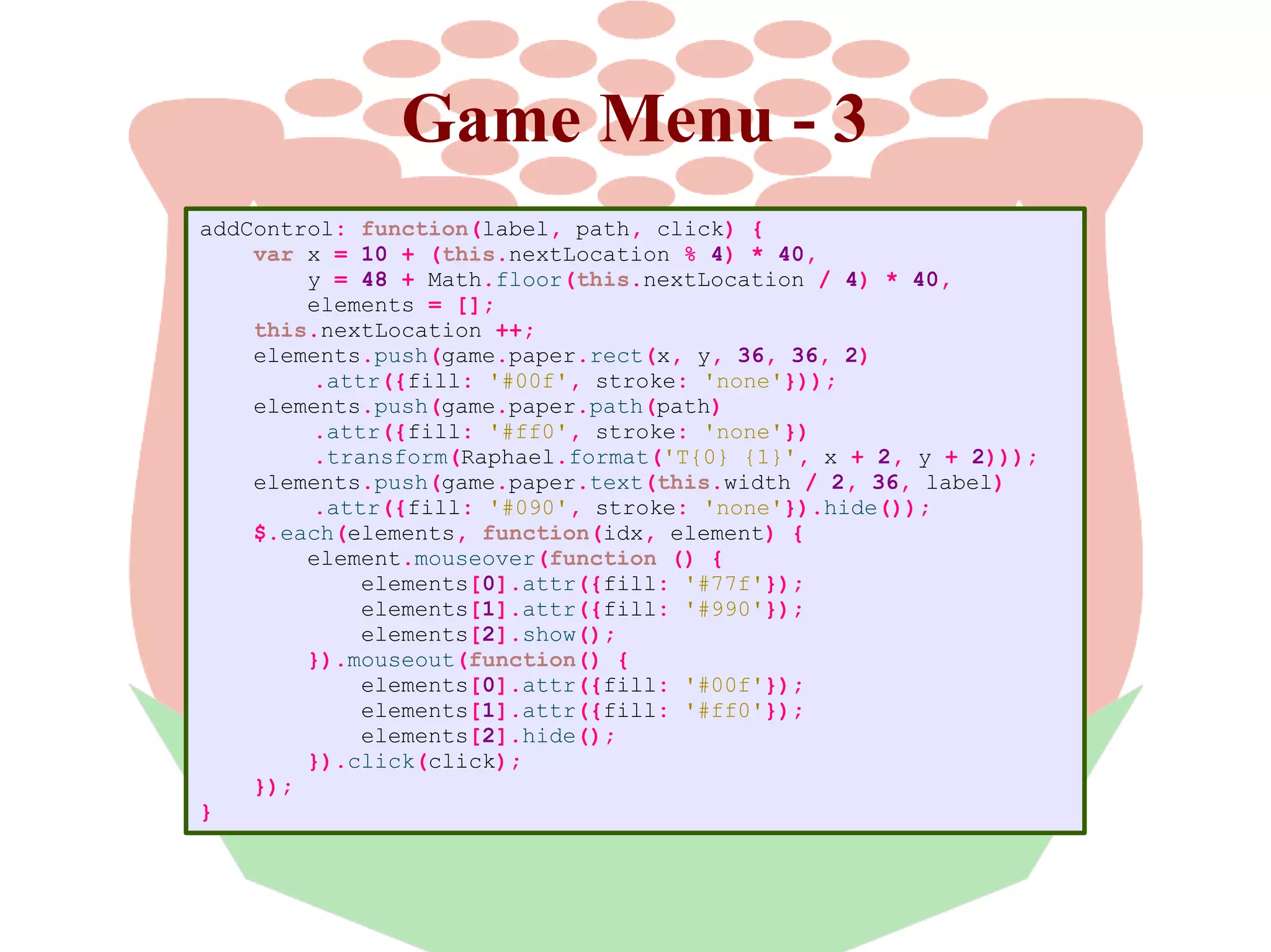 Game Menu - 3
addControl: function(label, path, click) {
var x = 10 + (this.nextLocation % 4) * 40,
y = 48 + Math.floor(this.nextLocation / 4) * 40,
elements = [];
this.nextLocation ++;
elements.push(game.paper.rect(x, y, 36, 36, 2)
.attr({fill: '#00f', stroke: 'none'}));
elements.push(game.paper.path(path)
.attr({fill: '#ff0', stroke: 'none'})
.transform(Raphael.format('T{0} {1}', x + 2, y + 2)));
elements.push(game.paper.text(this.width / 2, 36, label)
.attr({fill: '#090', stroke: 'none'}).hide());
$.each(elements, function(idx, element) {
element.mouseover(function () {
elements[0].attr({fill: '#77f'});
elements[1].attr({fill: '#990'});
elements[2].show();
}).mouseout(function() {
elements[0].attr({fill: '#00f'});
elements[1].attr({fill: '#ff0'});
elements[2].hide();
}).click(click);
});
}

 