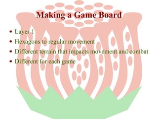 Making a Game Board
Layer 1
Hexagons to regular movement
Different terrain that impacts movement and combat
Different for each game

 