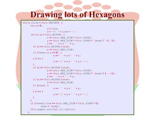 Drawing lots of Hexagons
while (line < this.HEIGHT) {
var x = 0,
y = line,
s = 'M0 ' + line + 'L';
while (x < this.WIDTH) {
x += this.HEX_SIDE * this.COS60;
y += this.HEX_SIDE * this.SIN60 * (even ? -1 : 1);
s += ' ' + x + ' ' + y;
if (x >= this.WIDTH) break;
x += this.HEX_SIDE;
if (!even || y == 0) {
s += ' ' + x + ' ' + y;
} else {
s += 'M' + x + ' ' + y + 'L';
}
if (x >= this.WIDTH) break;
x += this.HEX_SIDE * this.COS60;
y += this.HEX_SIDE * this.SIN60 * (even ? 1 : -1);
s += ' ' + x + ' ' + y;
if (x >= this.WIDTH) break;
x += this.HEX_SIDE;
if (even) {
s += ' ' + x + ' ' + y;
} else {
s += 'M' + x + ' ' + y + 'L';
}
}
if (!even) line += this.HEX_SIDE * this.SIN60 * 2;
even = !even;
this.paper.path(s).attr(attr);
}

 