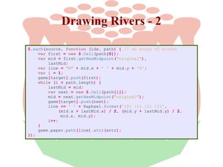 Drawing Rivers - 2
$.each(source, function (idx, path) { // an array of rivers
var first = new $.Cell(path[0]);
var mid = first.getHexMidpoint("original"),
lastMid;
var line = "M" + mid.x + ' ' + mid.y + 'S';
var i = 1;
game[target].push(first);
while (i < path.length) {
lastMid = mid;
var next = new $.Cell(path[i]);
mid = next.getHexMidpoint("original");
game[target].push(next);
line += ' ' + Raphael.format('{0} {1} {2} {3}',
(mid.x + lastMid.x) / 2, (mid.y + lastMid.y) / 2,
mid.x, mid.y);
i++;
}
game.paper.path(line).attr(attr);
});

 