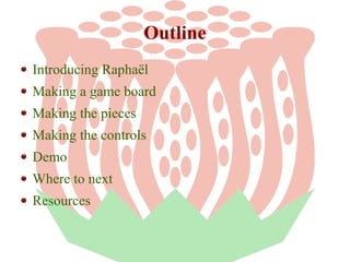 Outline
Introducing Raphaël
Making a game board
Making the pieces
Making the controls
Demo
Where to next
Resources

 