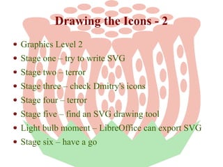 Drawing the Icons - 2
Graphics Level 2
Stage one – try to write SVG
Stage two – terror
Stage three – check Dmitry's icons
Stage four – terror
Stage five – find an SVG drawing tool
Light bulb moment – LibreOffice can export SVG
Stage six – have a go

 