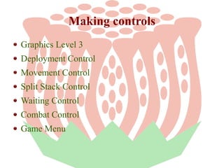 Making controls
Graphics Level 3
Deployment Control
Movement Control
Split Stack Control
Waiting Control
Combat Control
Game Menu

 
