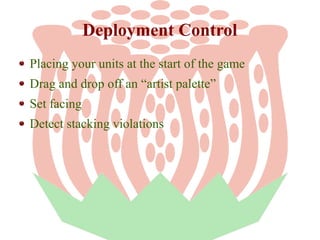Deployment Control
Placing your units at the start of the game
Drag and drop off an “artist palette”
Set facing
Detect stacking violations

 
