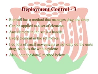 Deployment Control - 3
Raphaël has a method that manages drag and drop
Can be applied to a set of elements
Any element in the set is a handle
Every element in the set moves
I do lots of small movements as not only do the units
drag, so does the whole palette
Also, note the data() method below

 