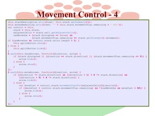 Movement Control - 4
this.stackDescription.attr({text: this.stack.getSummary()});
this.movesRemaining.attr({text: '' + this.stack.movementPlan.remaining + ' MPs'});
var control = this,
stack = this.stack,
adjacentCells = stack.cell.getAdjacentCells(),
canMoveOne = (stack.disrupted == false) &&
(stack.movementPlan.remaining == stack.getStrength().movement);
if (canMoveOne && control.stack.units.length > 1) {
this.splitButton.show();
} else {
this.splitButton.hide();
}
$.each(this.faceArrows, function(direction, arrow) {
if (stack.disrupted || (direction == stack.direction) || (stack.movementPlan.remaining <= 0)) {
arrow.hide();
} else {
arrow.show();
}
});
$.each(this.moveArrows, function(direction, arrow) {
if ((direction != stack.direction) && ((direction + 1) % 6 != stack.direction) &&
((direction + 5) % 6 != stack.direction)) {
arrow.hide();
} else {
var moveCost = control.stack.movementCostFor(adjacentCells[direction]);
if ((moveCost > control.stack.movementPlan.remaining) && !(canMoveOne && moveCost < 50)) {
arrow.hide();
} else {
arrow.show();
}
}
});

 