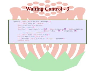 Waiting Control - 3
update: function(progress, message) {
if (!this.showing) return;
this.progress = progress;
this.bar.remove();
this.bar = game.paper.rect(12 + this.origin.x,38 + this.origin.y,
(this.width - 20) * progress, 12)
.attr('fill', '#f00');
if (!this.show) this.bar.hide();
this.widgets.push(this.bar);
if (message) this.status.attr('text', message);
return this;
},

 