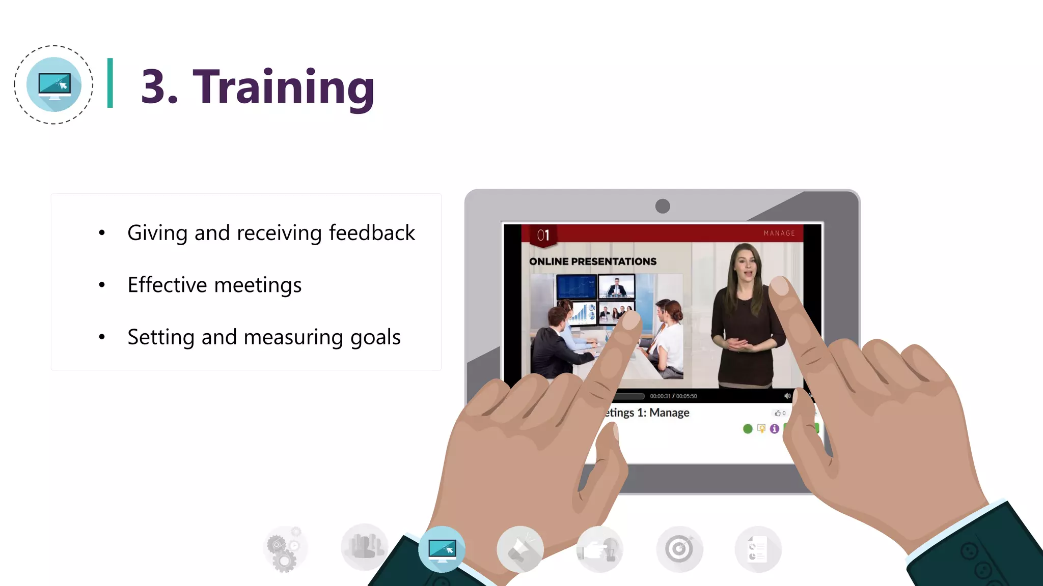 3. Training
• Giving and receiving feedback
• Effective meetings
• Setting and measuring goals
 