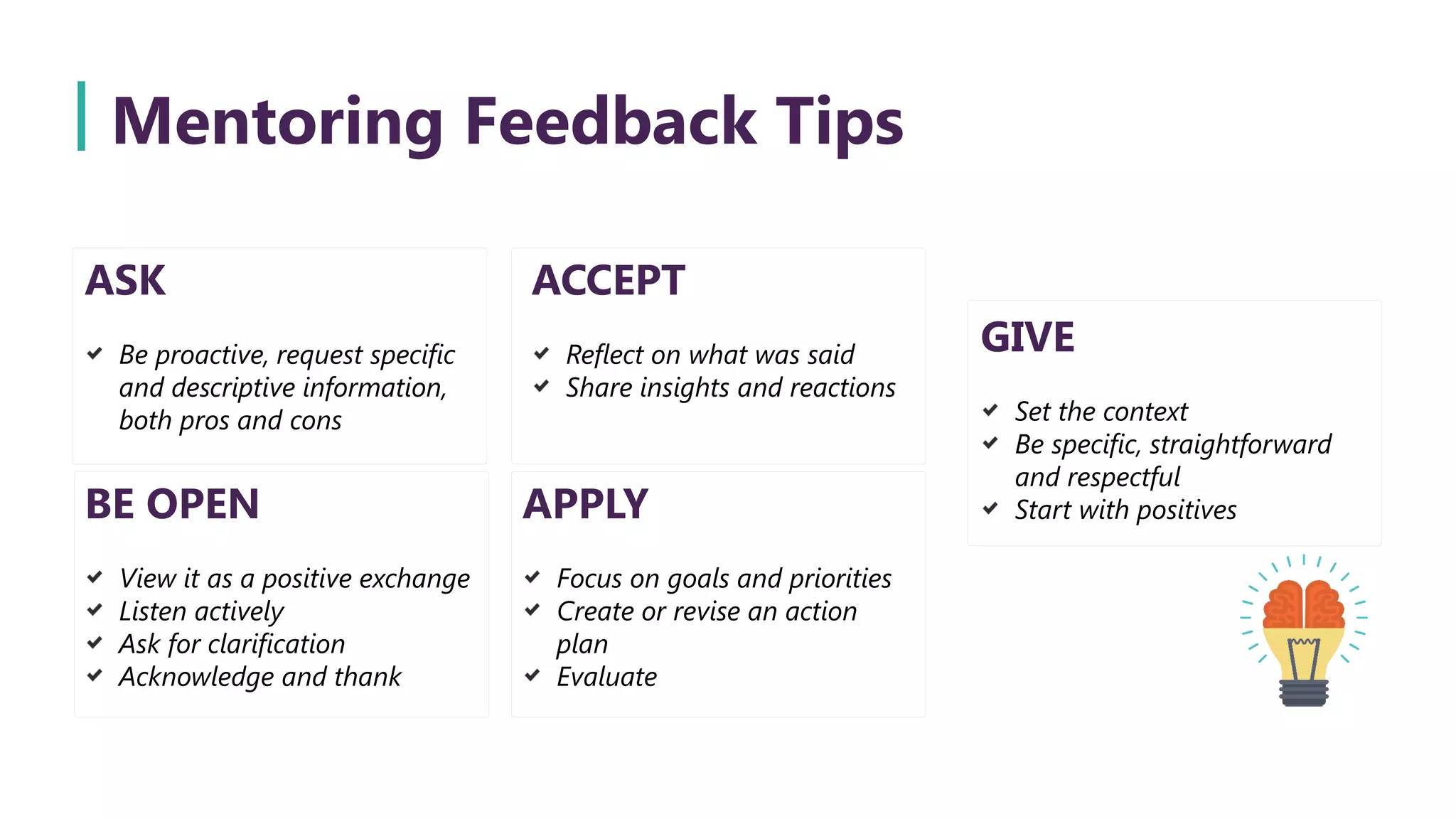 Mentoring Feedback Tips
ASK
Be proactive, request specific
and descriptive information,
both pros and cons
BE OPEN
View it as a positive exchange
Listen actively
Ask for clarification
Acknowledge and thank
ACCEPT
Reflect on what was said
Share insights and reactions
APPLY
Focus on goals and priorities
Create or revise an action
plan
Evaluate
GIVE
Set the context
Be specific, straightforward
and respectful
Start with positives
 