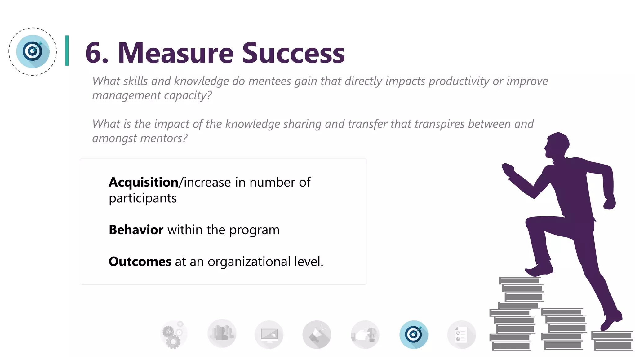 6. Measure Success
What skills and knowledge do mentees gain that directly impacts productivity or improve
management capacity?
What is the impact of the knowledge sharing and transfer that transpires between and
amongst mentors?
Acquisition/increase in number of
participants
Behavior within the program
Outcomes at an organizational level.
 