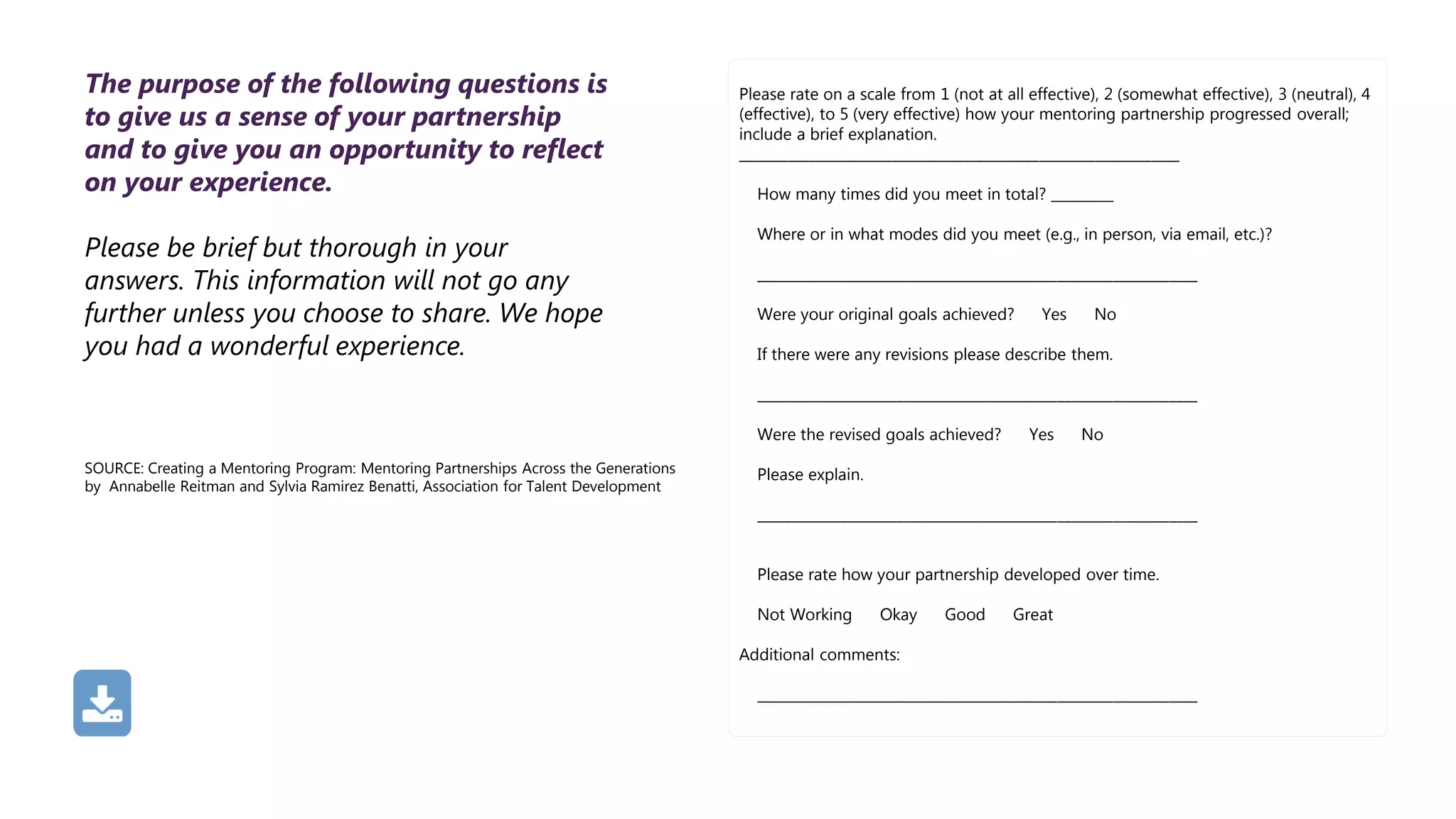 Please rate on a scale from 1 (not at all effective), 2 (somewhat effective), 3 (neutral), 4
(effective), to 5 (very effective) how your mentoring partnership progressed overall;
include a brief explanation.
_______________________________________________________________
How many times did you meet in total? _________
Where or in what modes did you meet (e.g., in person, via email, etc.)?
_______________________________________________________________
Were your original goals achieved? Yes No
If there were any revisions please describe them.
_______________________________________________________________
Were the revised goals achieved? Yes No
Please explain.
_______________________________________________________________
Please rate how your partnership developed over time.
Not Working Okay Good Great
Additional comments:
_______________________________________________________________
SOURCE: Creating a Mentoring Program: Mentoring Partnerships Across the Generations
by Annabelle Reitman and Sylvia Ramirez Benatti, Association for Talent Development
The purpose of the following questions is
to give us a sense of your partnership
and to give you an opportunity to reflect
on your experience.
Please be brief but thorough in your
answers. This information will not go any
further unless you choose to share. We hope
you had a wonderful experience.
 