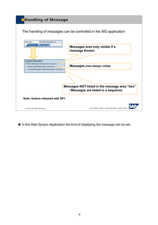 8
In the Web Dynpro Application the kind of displaying the message can be set.
© SAP AG 2005, ABAP Web Dynpro
Handling of Message
The handling of messages can be controlled in the WD application
Messages area only visible if a
message thrown
Messages area always visible
Messages NOT listed in the message area “box”
- Messages are listed in a sequence
Note: feature released with SP1
 