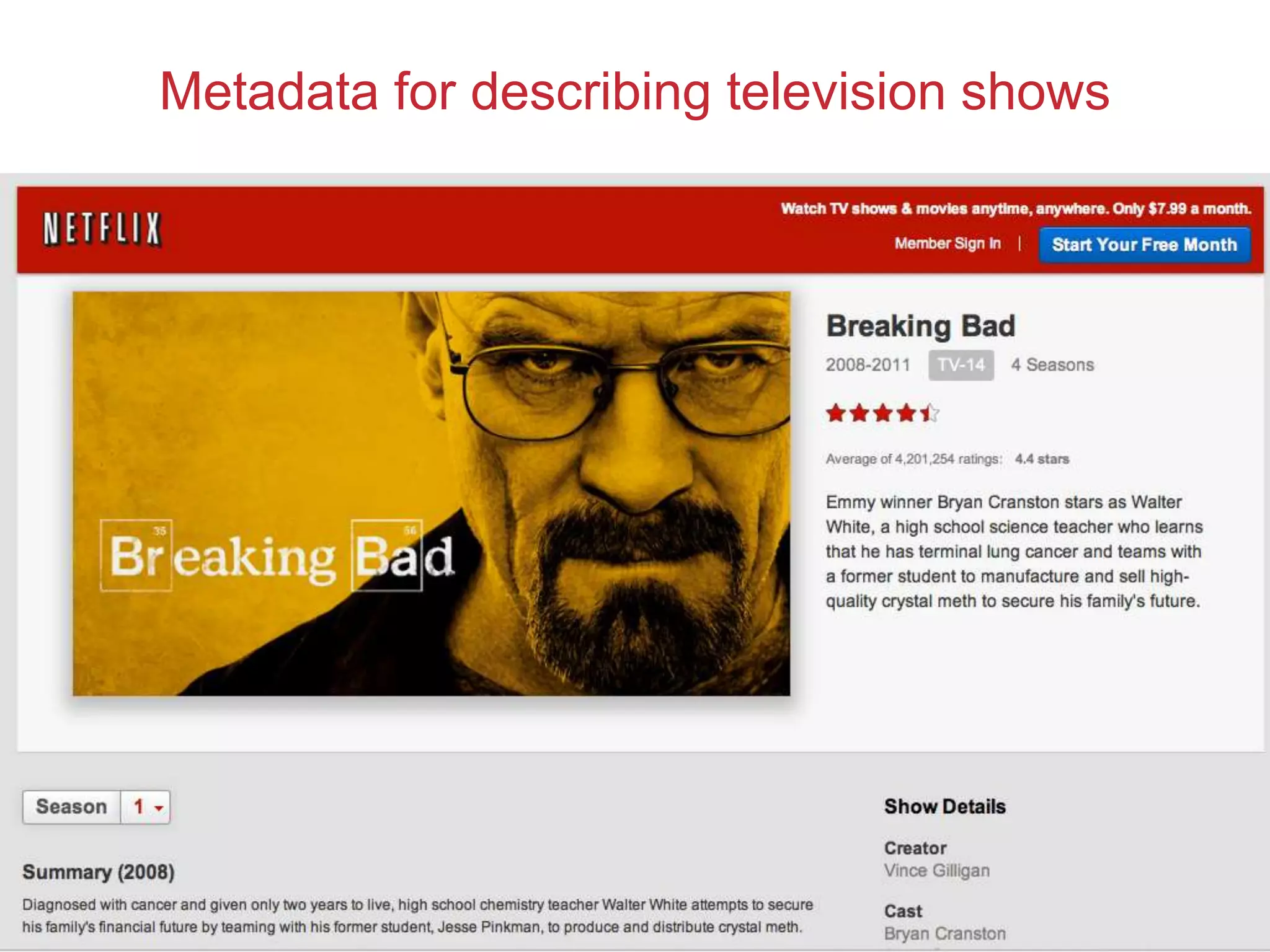 Metadata for describing television shows
 