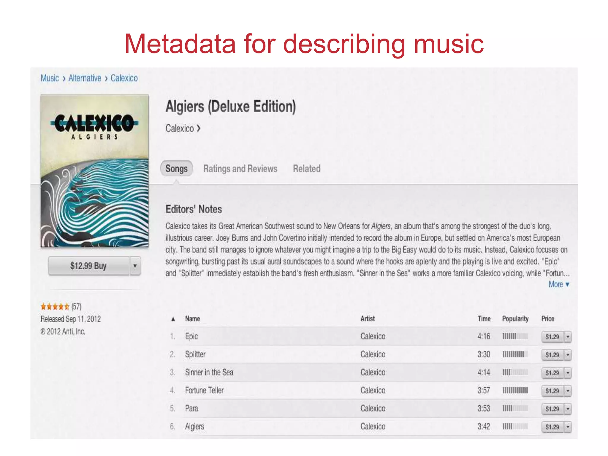 Metadata for describing music
 