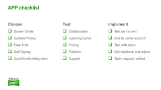 12
Implement
 Test on it’s own
 Add to demo account
 Test with client
 Get feedback and adjust
 Train, support, rollout
Test
 Collaboration
 Learning Curve
 Pricing
 Platform
 Support
APP checklist
Choose
 Screen Shots
 Upfront Pricing
 Free Trial
 Self Signup
 QuickBooks integration
 