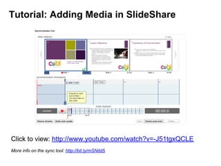 Tutorial: Adding Media in SlideShare




Click to view: http://www.youtube.com/watch?v=-J51tgxQCLE
More info on the sync t...