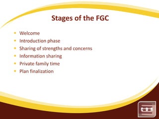 Stages of the FGC







Welcome
Introduction phase
Sharing of strengths and concerns
Information sharing
Private family time
Plan finalization

 