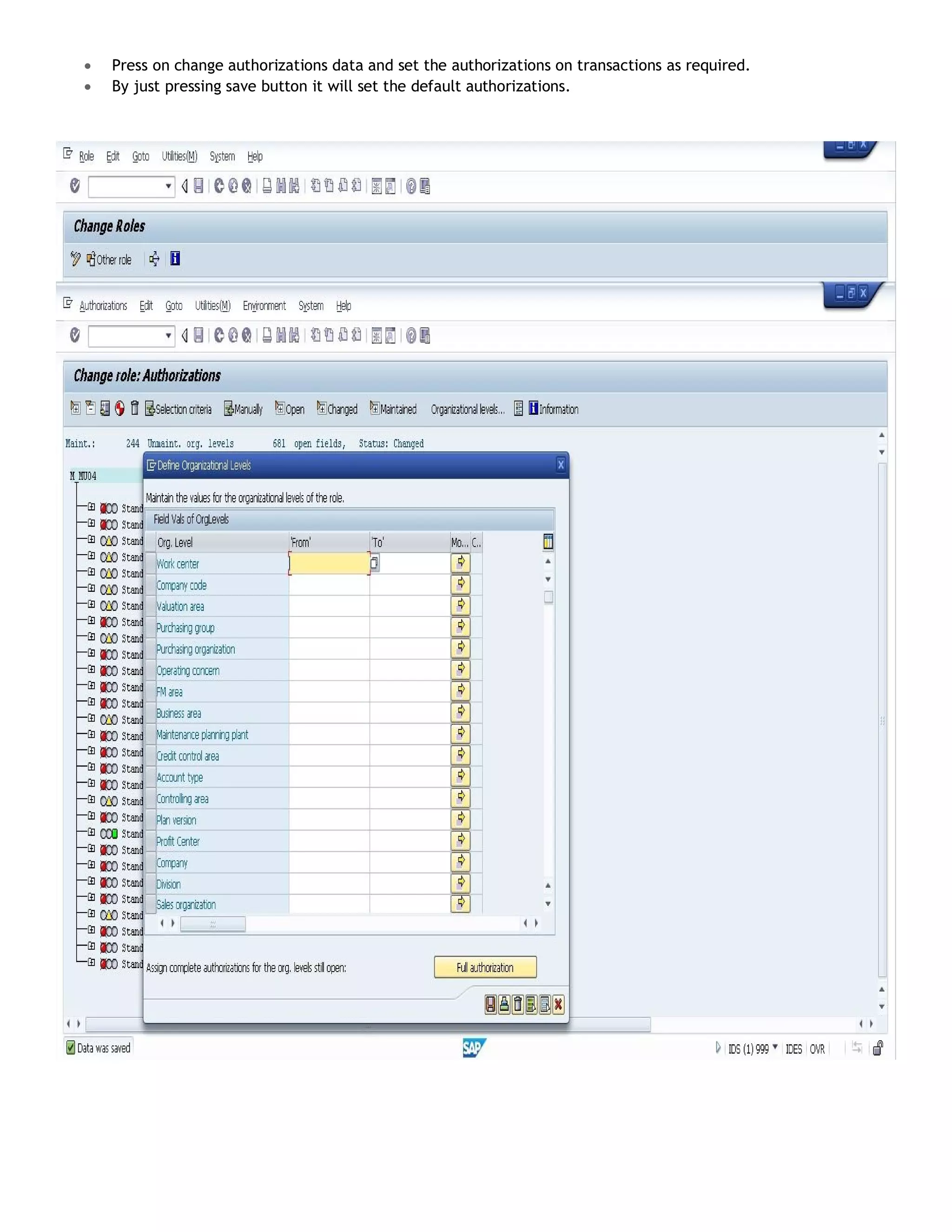  Press on change authorizations data and set the authorizations on transactions as required.
 By just pressing save button it will set the default authorizations.
 