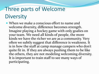 Three parts of Welcome 
Diversity 
 When we make a conscious effort to name and 
welcome diversity, difference becomes strength. 
Imagine playing a hockey game with only goalies on 
your team. We need all kinds of people, the more 
kinds we have the richer we are as a community. Very 
often we subtly suggest that difference is weakness. It 
is in how the staff at camp manage campers who don’t 
quite fit in. If they are always pushing them to be like 
the others, they are not modeling welcoming diversity. 
It is important to train staff to see many ways of 
participating. 
 