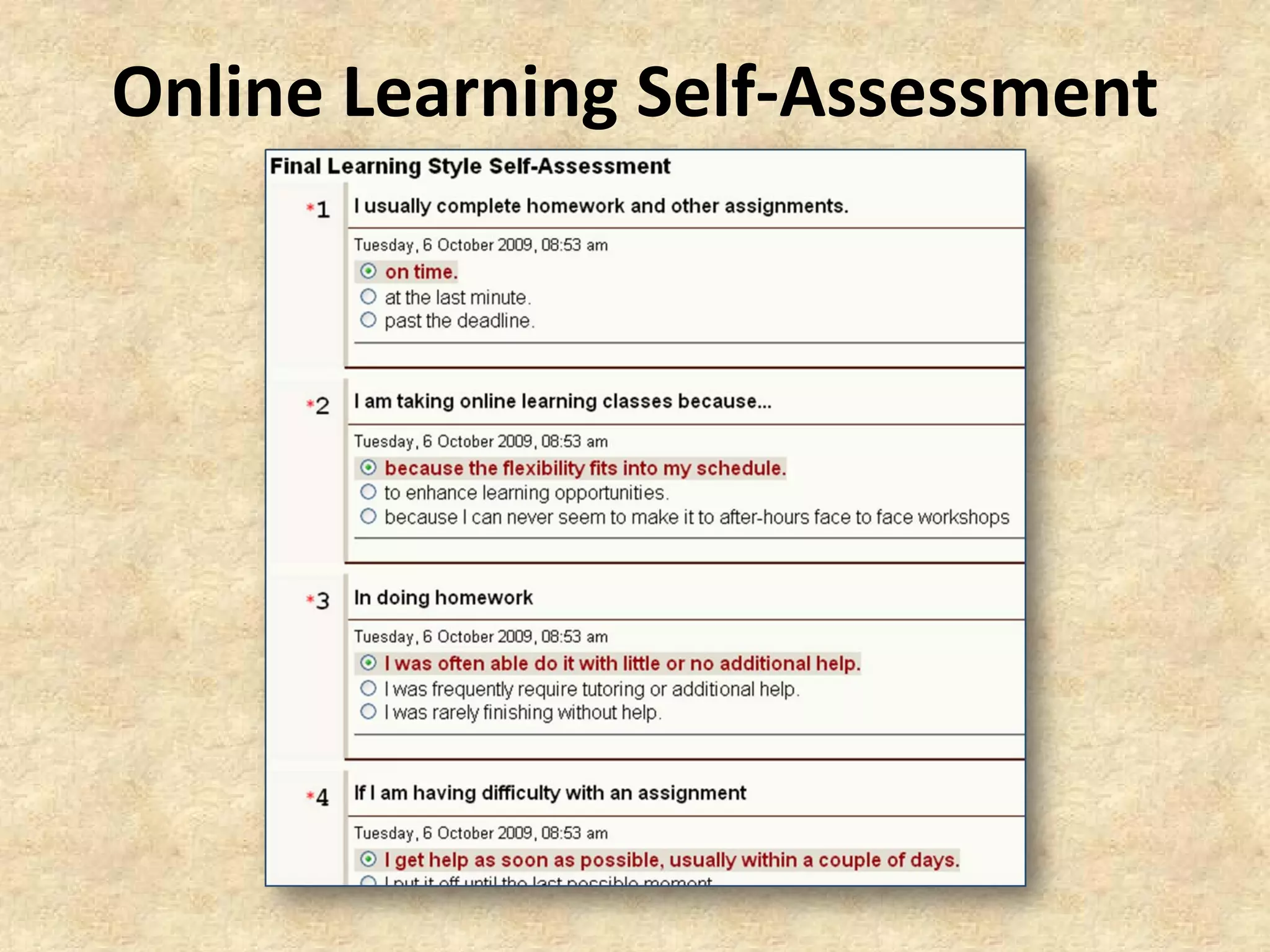 Online Learning Self‐Assessment
