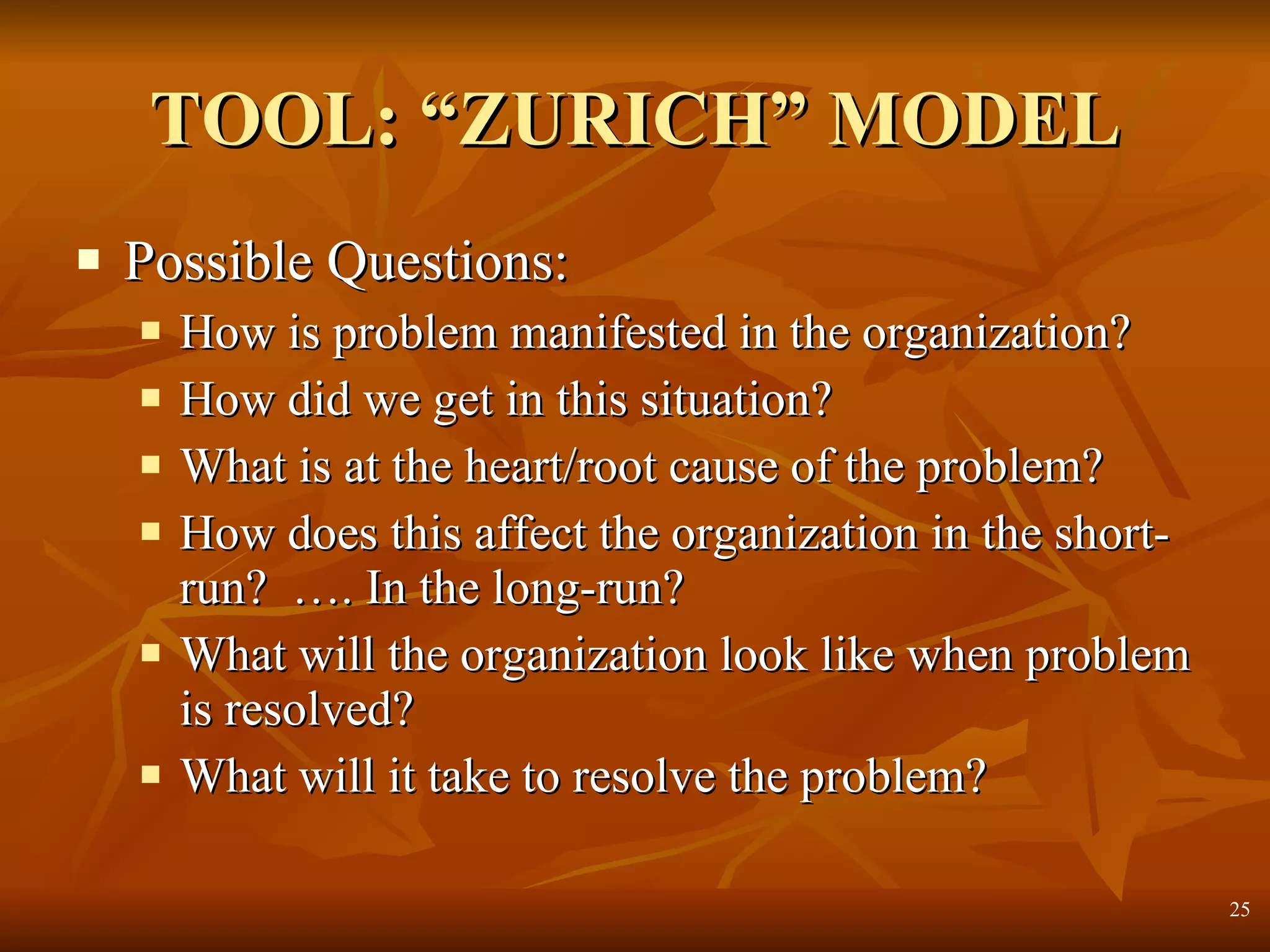 TOOL: “ZURICH” MODEL Possible Questions: How is problem manifested in the organization? How did we get in this situation? What is at the heart/root cause of the problem? How does this affect the organization in the short-run?  …. In the long-run? What will the organization look like when problem is resolved? What will it take to resolve the problem? 