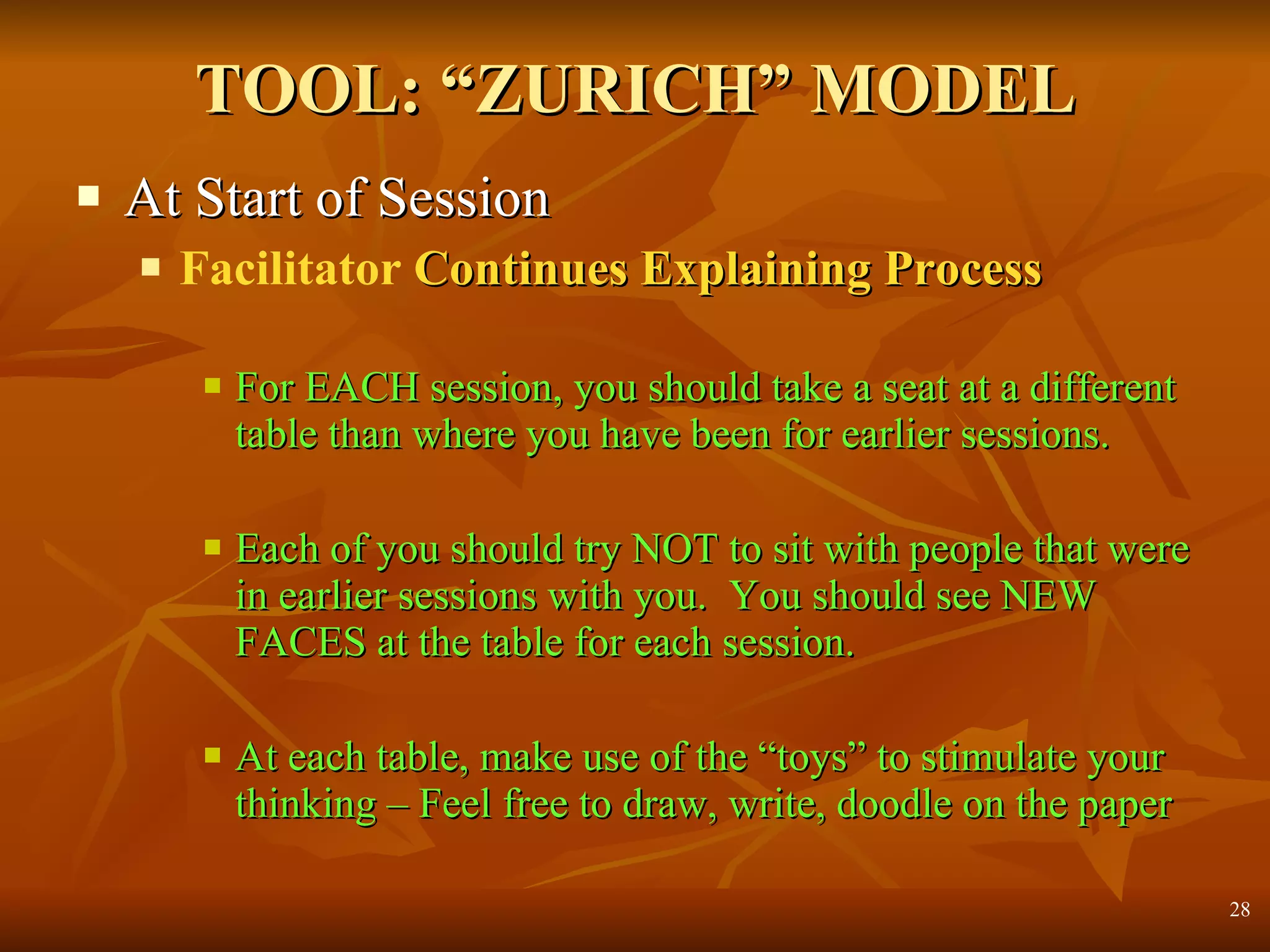 TOOL: “ZURICH” MODEL At Start of Session Facilitator  Continues Explaining Process For EACH session, you should take a seat at a different table than where you have been for earlier sessions. Each of you should try NOT to sit with people that were in earlier sessions with you.  You should see NEW FACES at the table for each session. At each table, make use of the “toys” to stimulate your thinking – Feel free to draw, write, doodle on the paper 