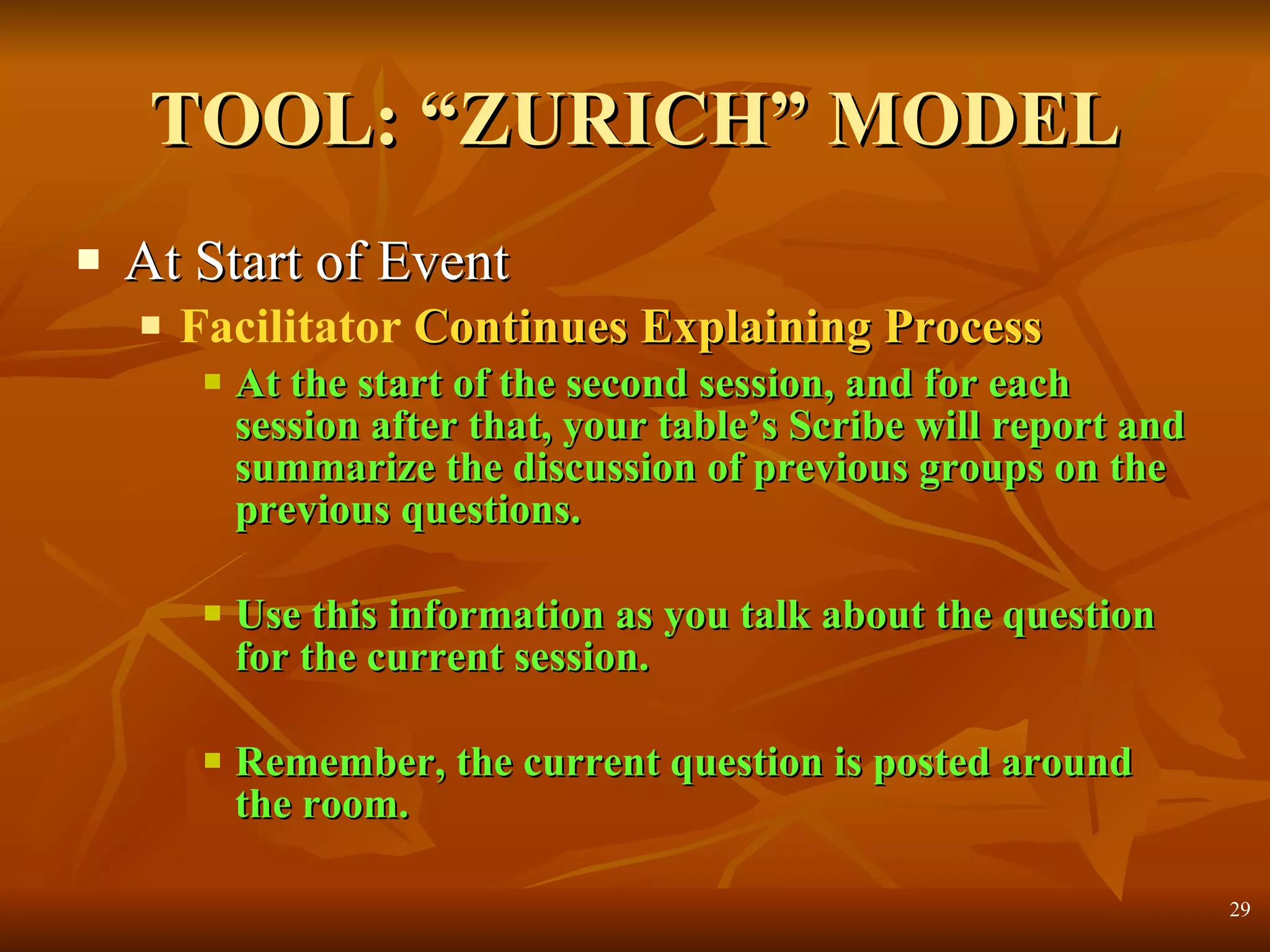 TOOL: “ZURICH” MODEL At Start of Event Facilitator  Continues Explaining Process At the start of the second session, and for each session after that, your table’s Scribe will report and summarize the discussion of previous groups on the previous questions.  Use this information as you talk about the question for the current session. Remember, the current question is posted around the room. 