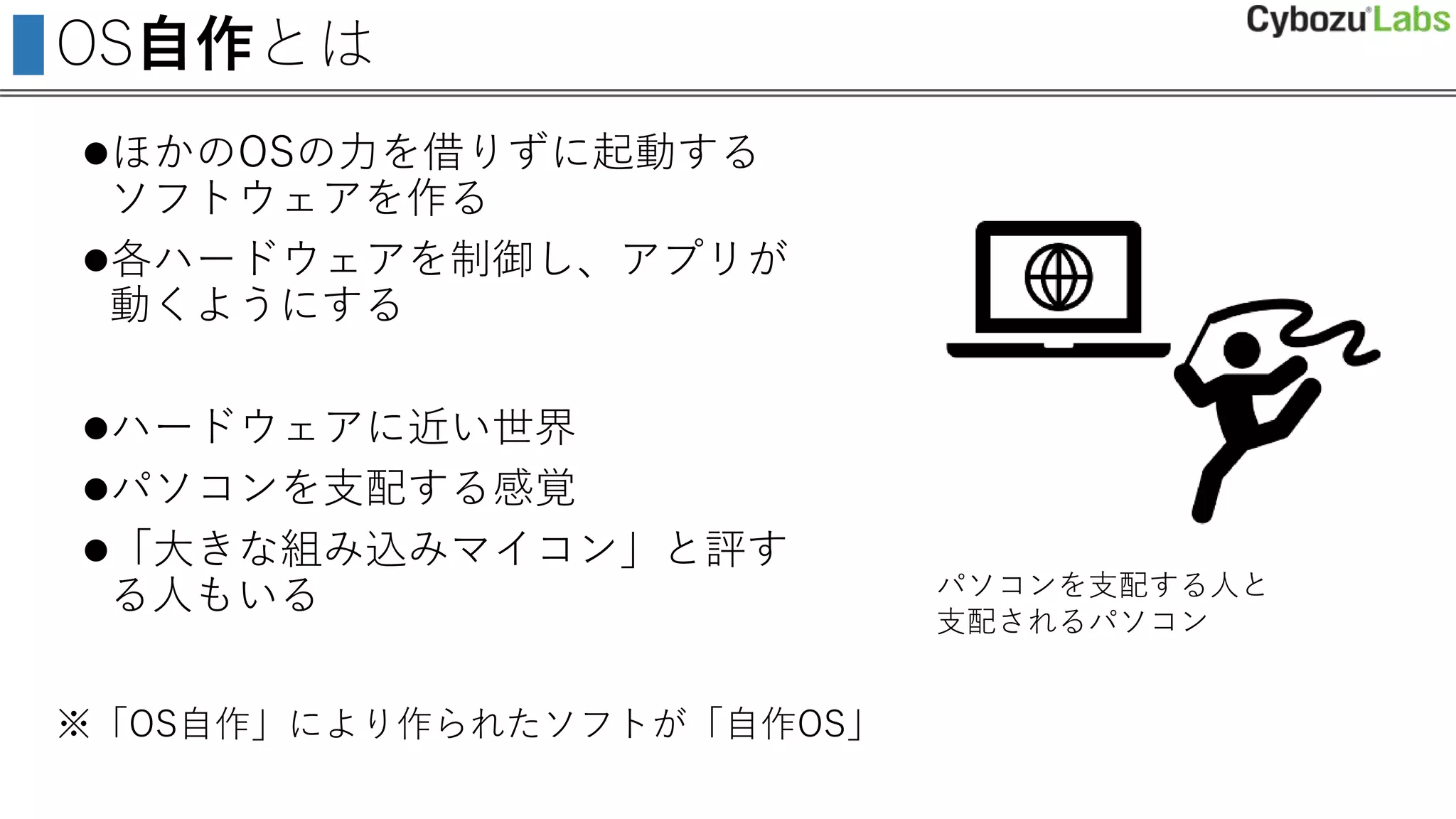 OS自作とは
ほかのOSの力を借りずに起動する
ソフトウェアを作る
各ハードウェアを制御し、アプリが
動くようにする
ハードウェアに近い世界
パソコンを支配する感覚
「大きな組み込みマイコン」と評す
る人もいる パソコンを支配する人と
支配されるパソコン
※「OS自作」により作られたソフトが「自作OS」
 