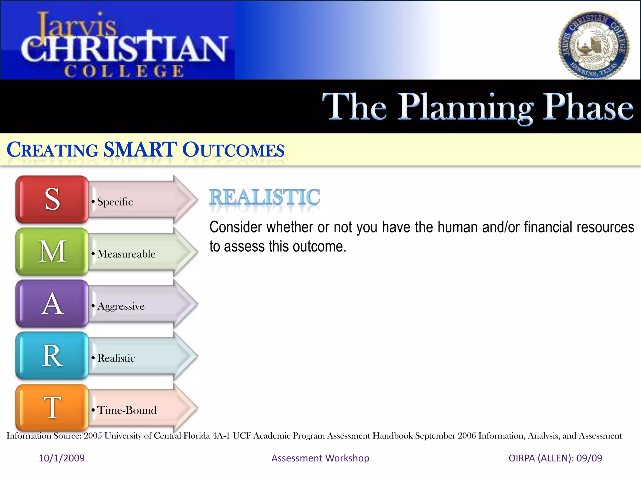 CREATING SMART OUTCOMES

         S          •Specific

                                                  Consider whether or not you have the human and/or financial resources
                                                  to assess this outcome.
       M            •Measureable



        A           •Aggressive



        R           •Realistic



        T           •Time-Bound

Information Source: 2005 University of Central Florida 4A-1 UCF Academic Program Assessment Handbook September 2006 Information, Analysis, and Assessment

       10/1/2009                                                 Assessment Workshop                                        OIRPA (ALLEN): 09/09
 